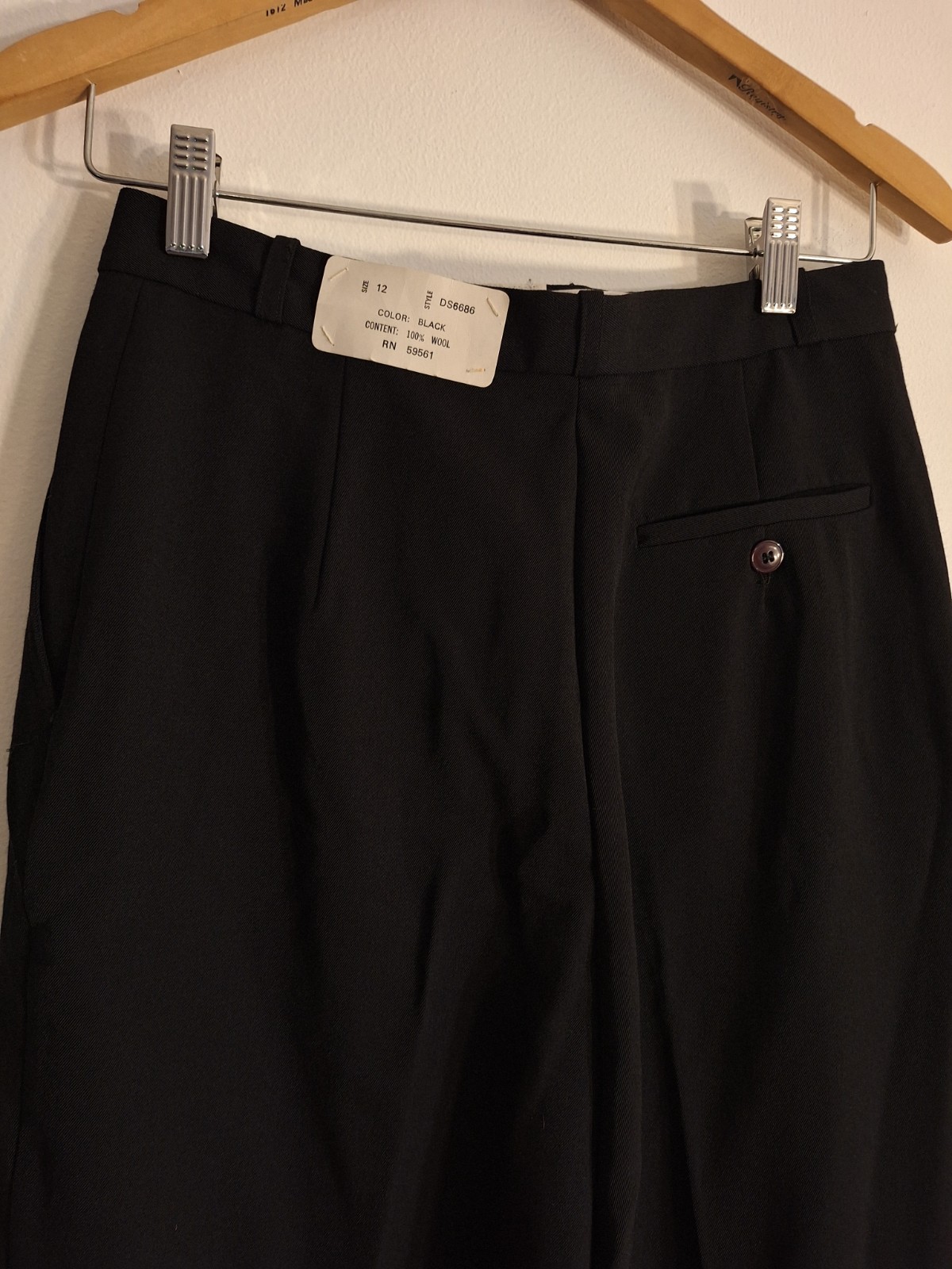 NOS Vintage Chendanno Black Wool Trousers Pleated High Waist Dress Pants Size 12