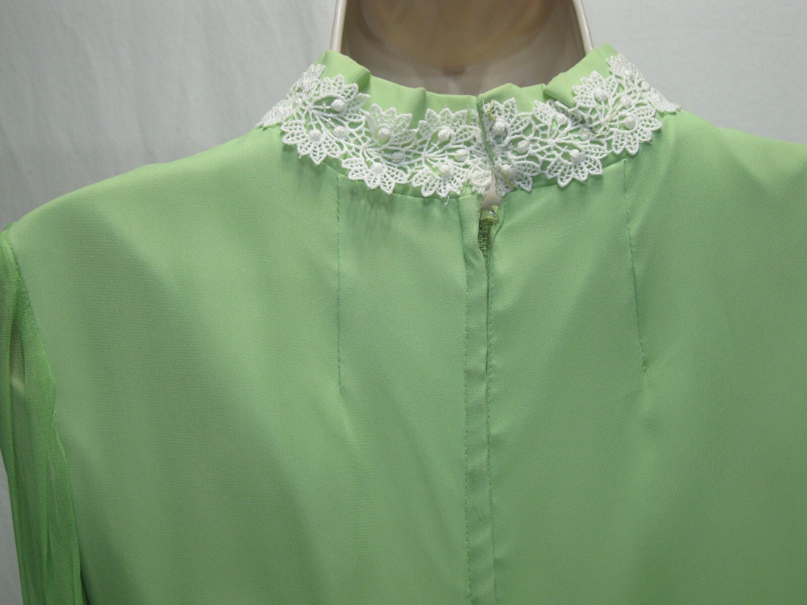 Vtg 60s 70s MOD Green MAXI PROM DRESS Chiffon BOHO Bishop Sleeves EMPIRE Sz 8