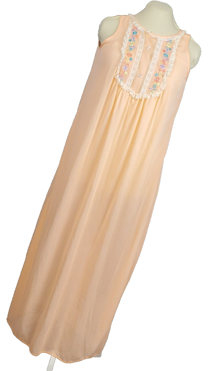 Vintage Peach Chiffon Nightgown Flowers Embroidered