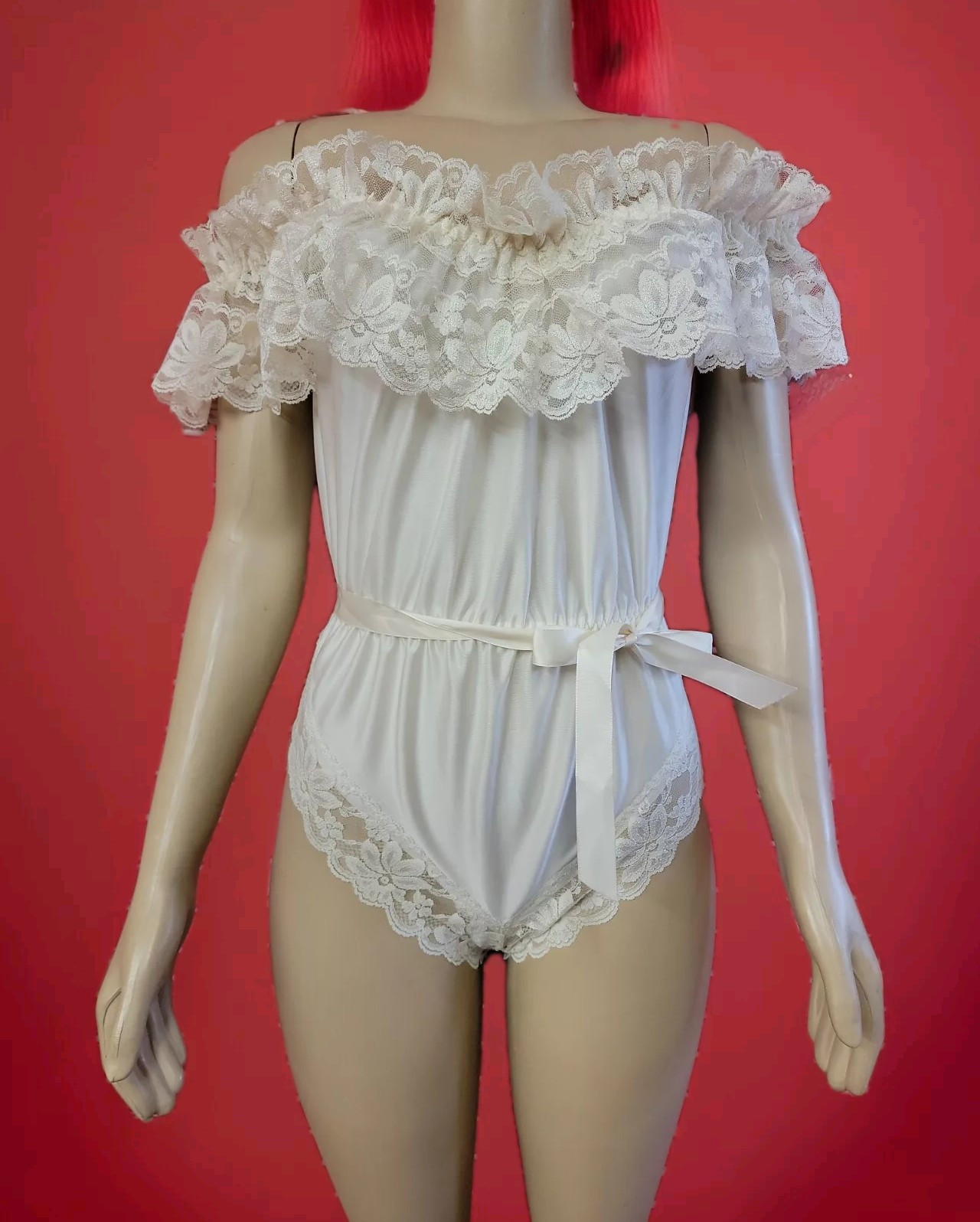 DOLORES For POIRETTE Peignoir Size M Vintage ivory Lace Bodysuit Lingerie #C6