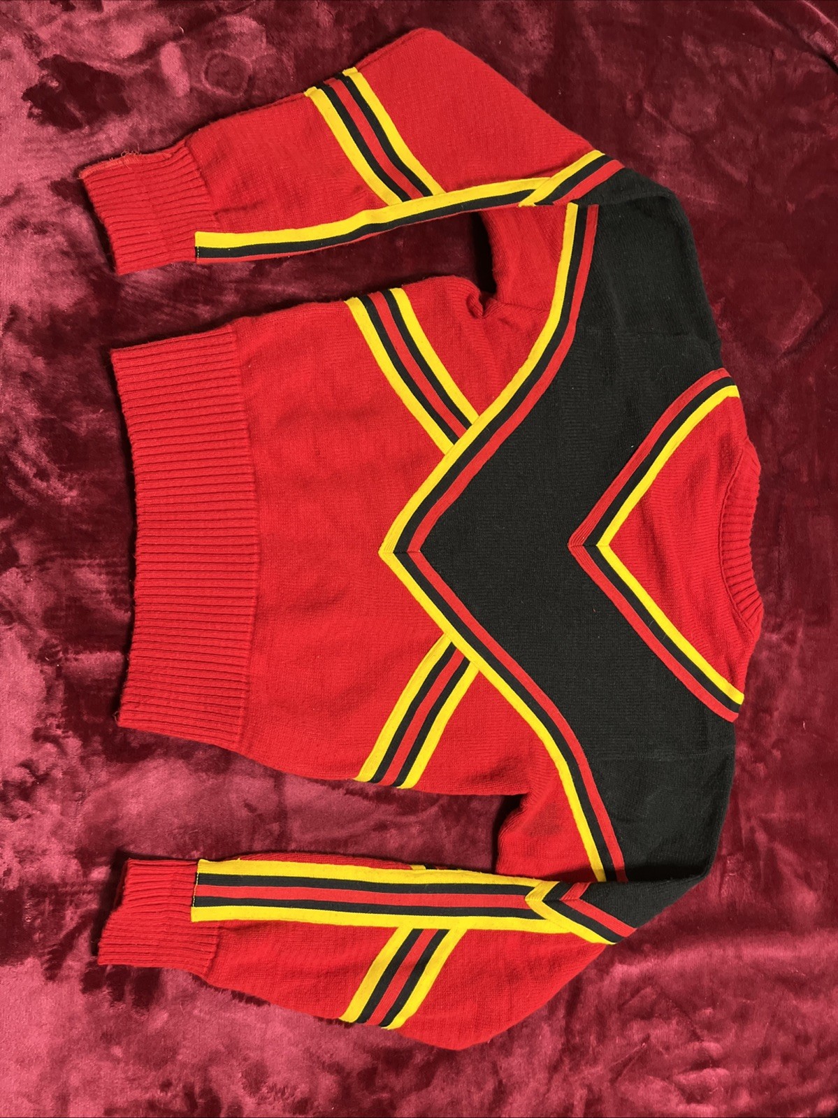 Vintage 80s Cheerleader Knit Sweater Red Black Gold Striped USA Made Medium