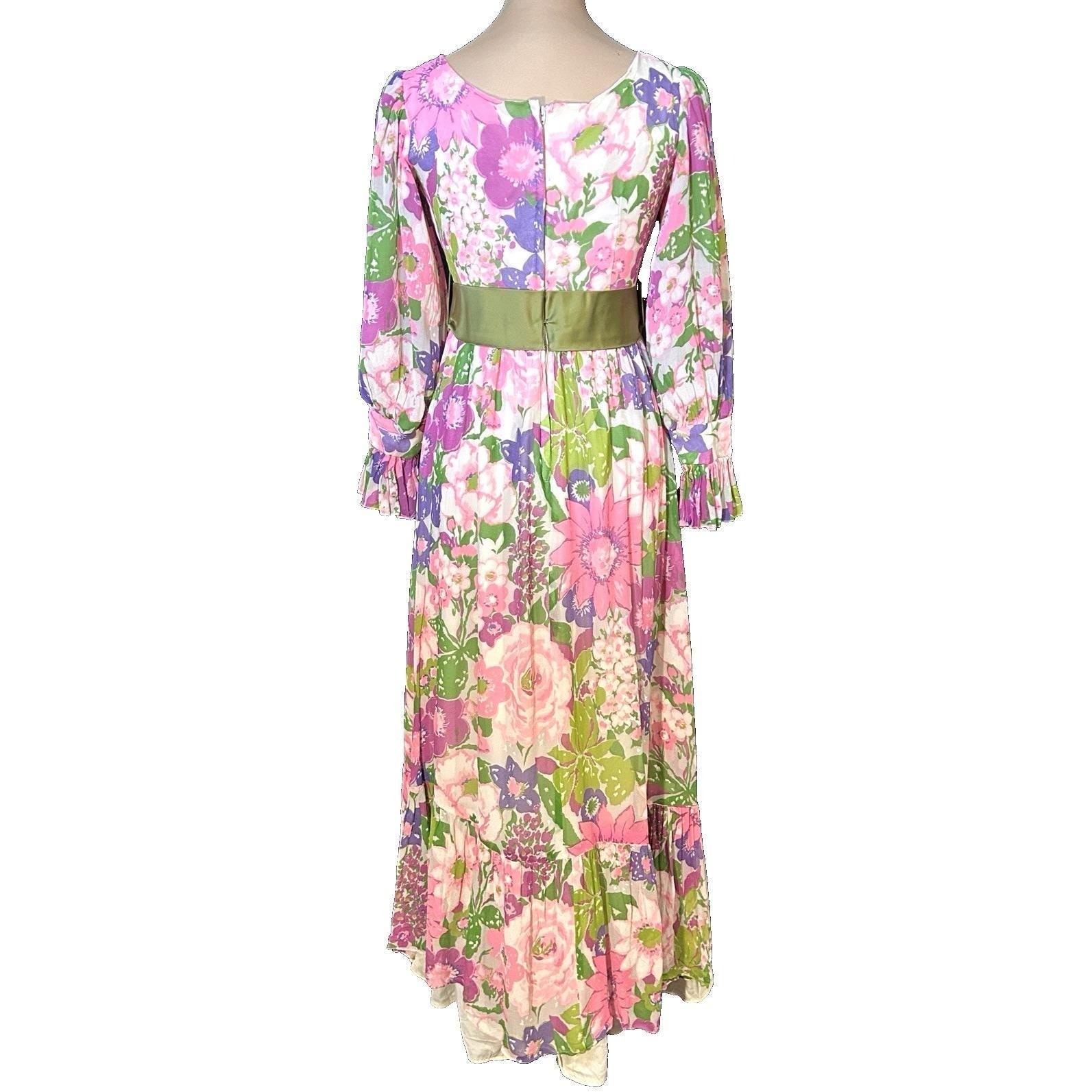 Vintage 70s Fairycore Vibrant Floral Dress Sheer Juliet Sleeves Velvet Sash USA