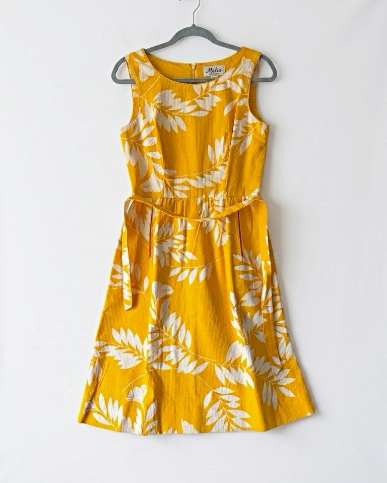 Malia Honolulu Floral Fit & Flare Belted Scoop Neck Dress 14 Yellow/White