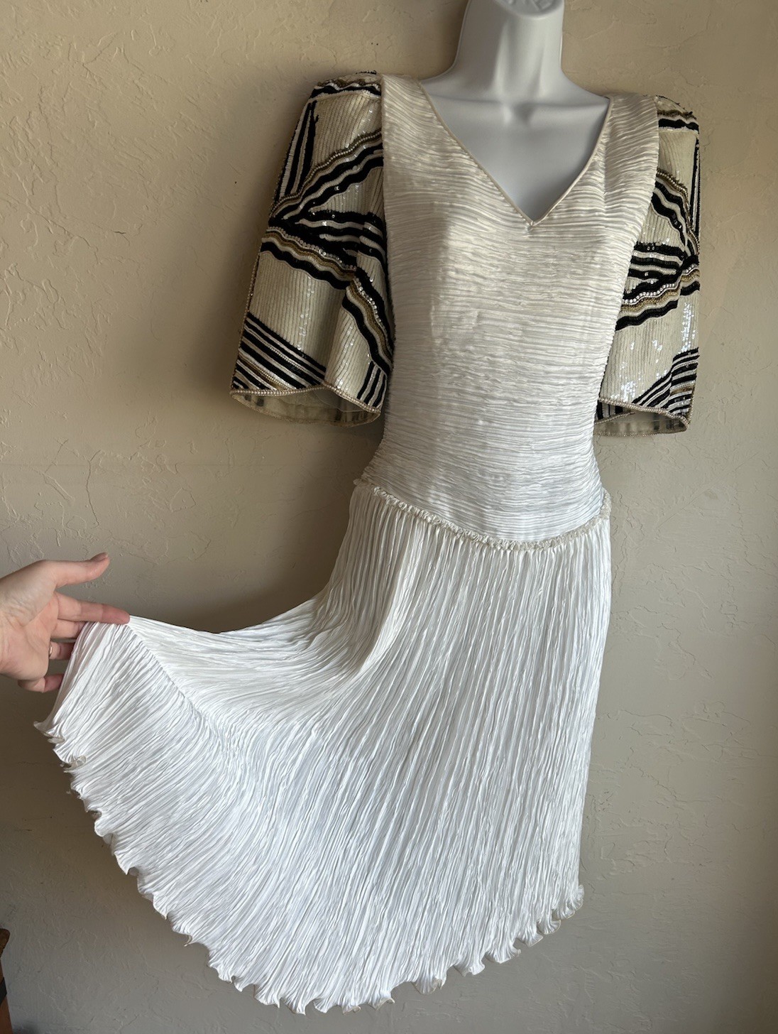 Vintage 80s Mary McFadden Couture Pleated Plisse Goddess Dress 14 Beaded Sleeves