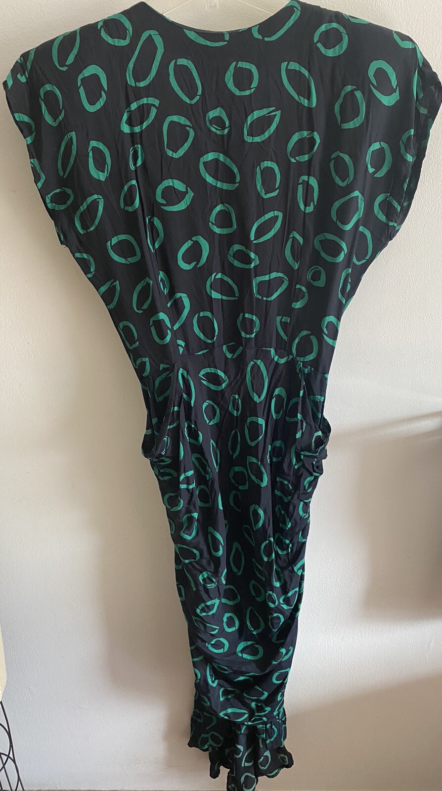 VTG 80’s Toury Dress Black Teal Geometric Overskirt SS Button, Zip Front 6 Rayon