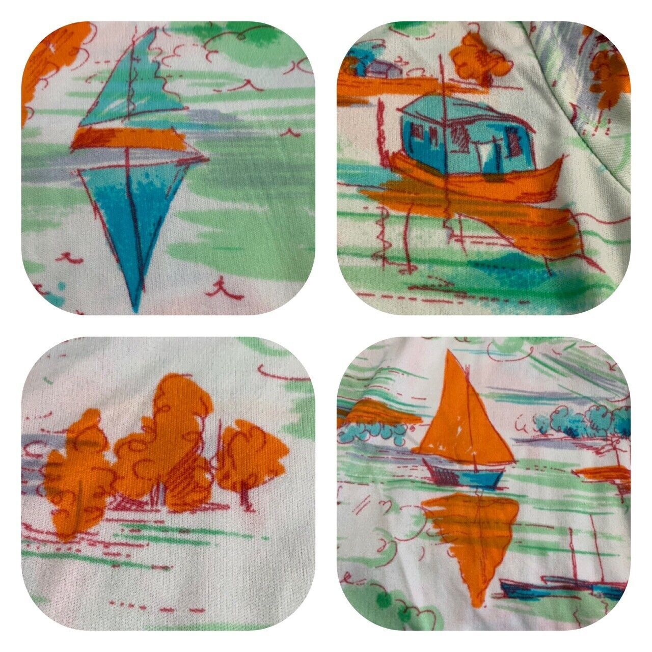 Vtg 1960-70s Nylon Long Sleeve Button Up Blouse W/Sailboats & Scenery – Small