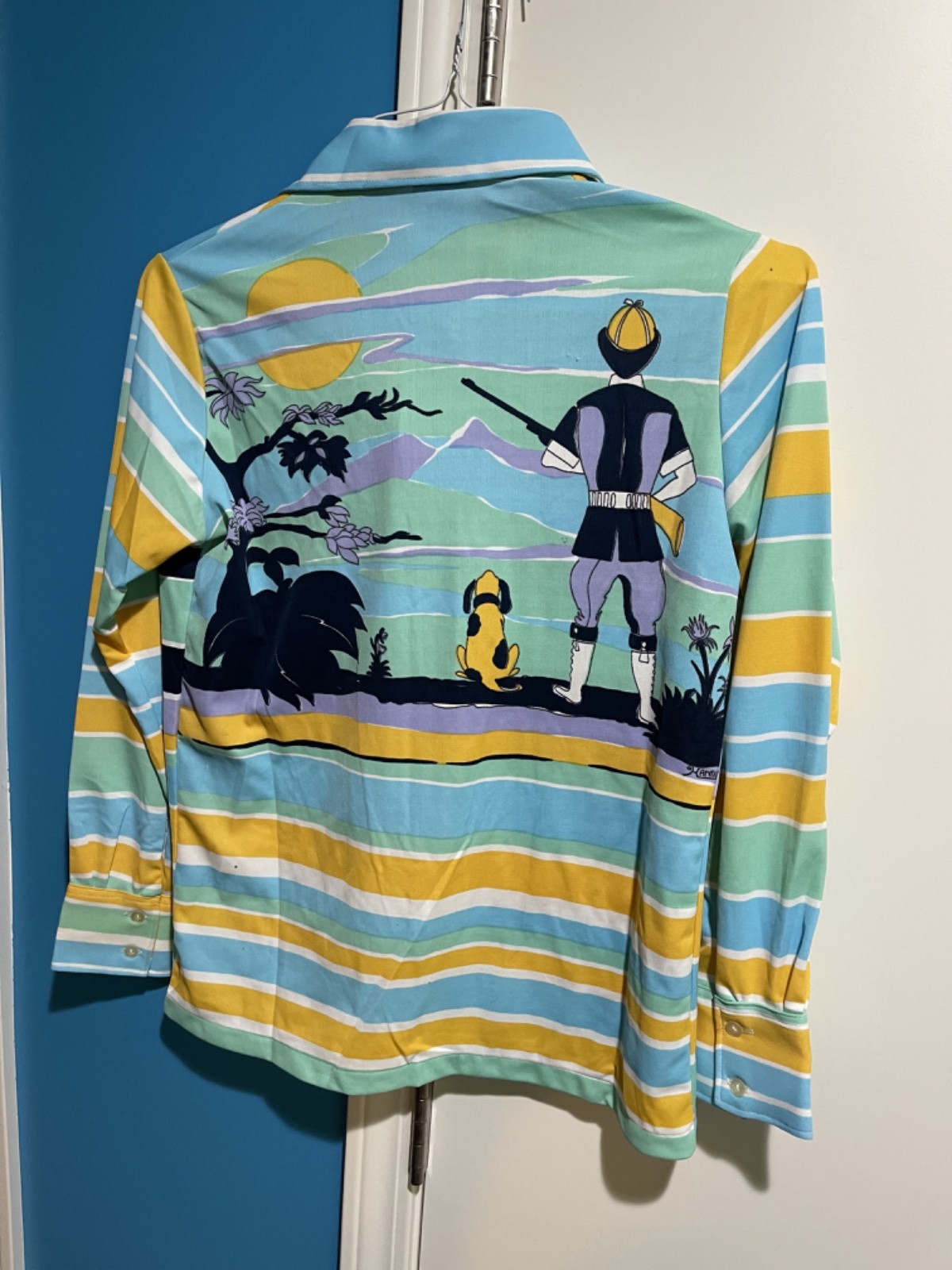 1970s Novelty Button Up Blouse Hunting Scene With Original Tags 100% Polyester