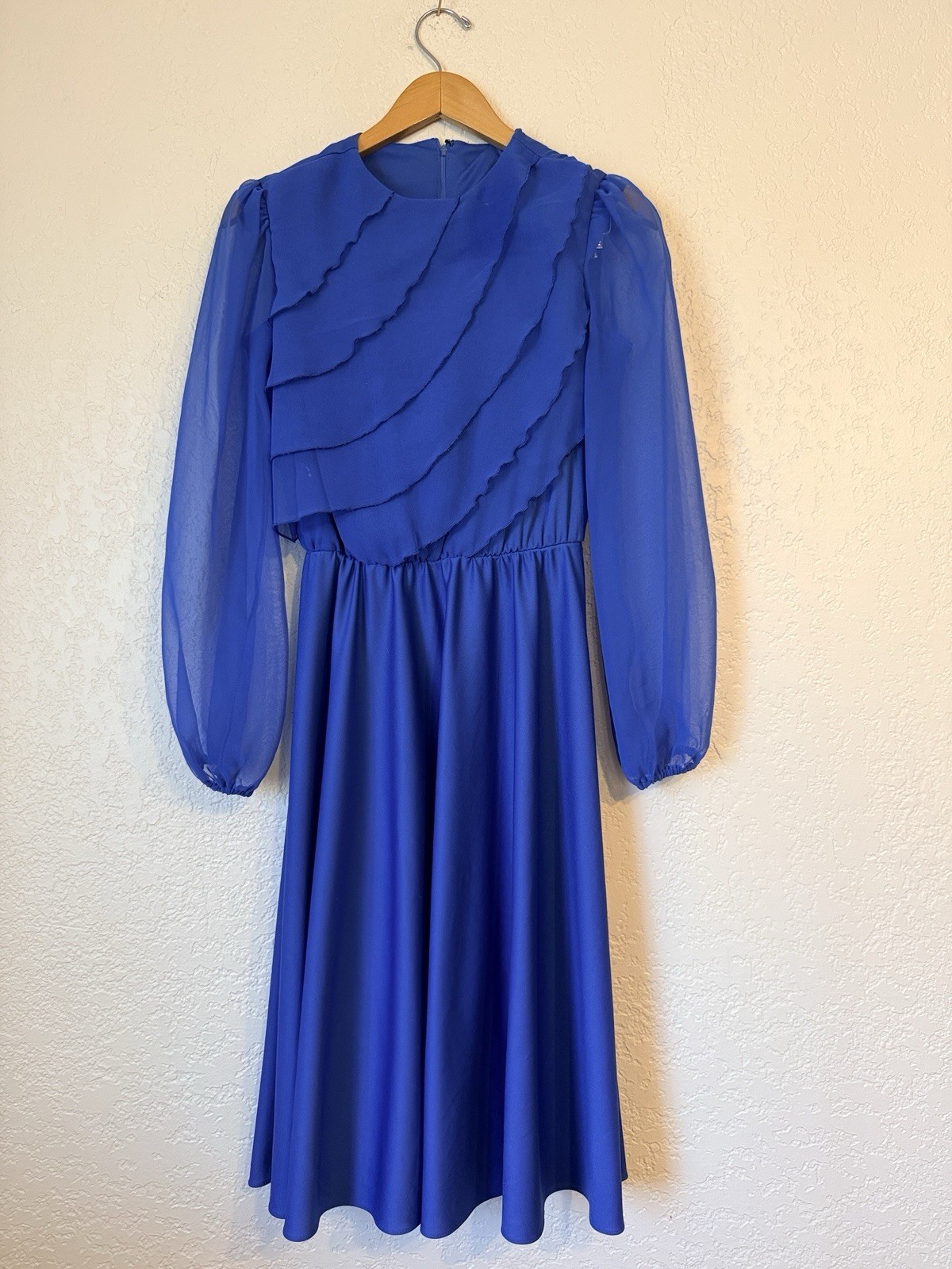 Amy-Deb Vintage 80s Blue Chiffon Ruffle Midi Dress Deadstock NWOT Sz 10