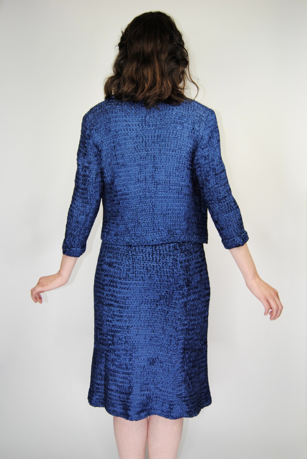 1940s Vintage Bea Magnus Navy Blue Ribbon Knit Dress and Sweater Set – S/M