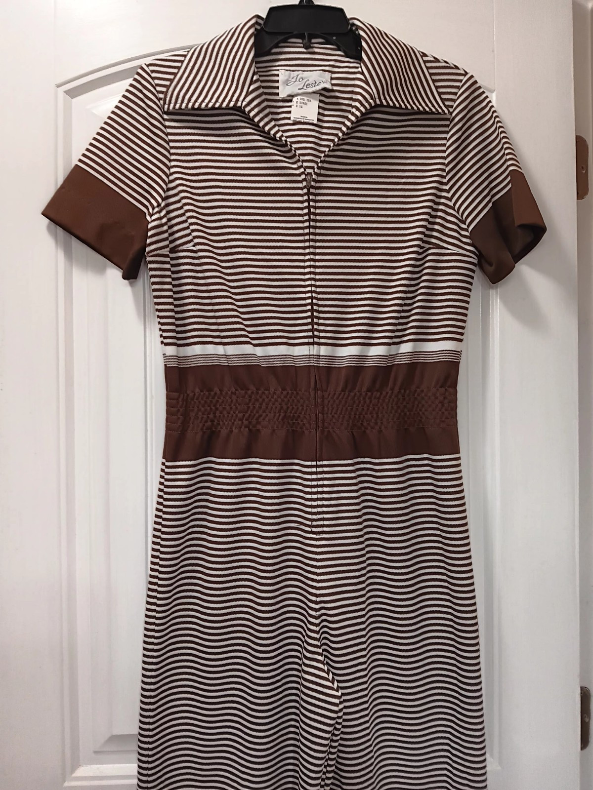 Vtg 70s Jumpsuit By To Lester Brown White Stripes Wide Leg Sz 16 Fits M/L
