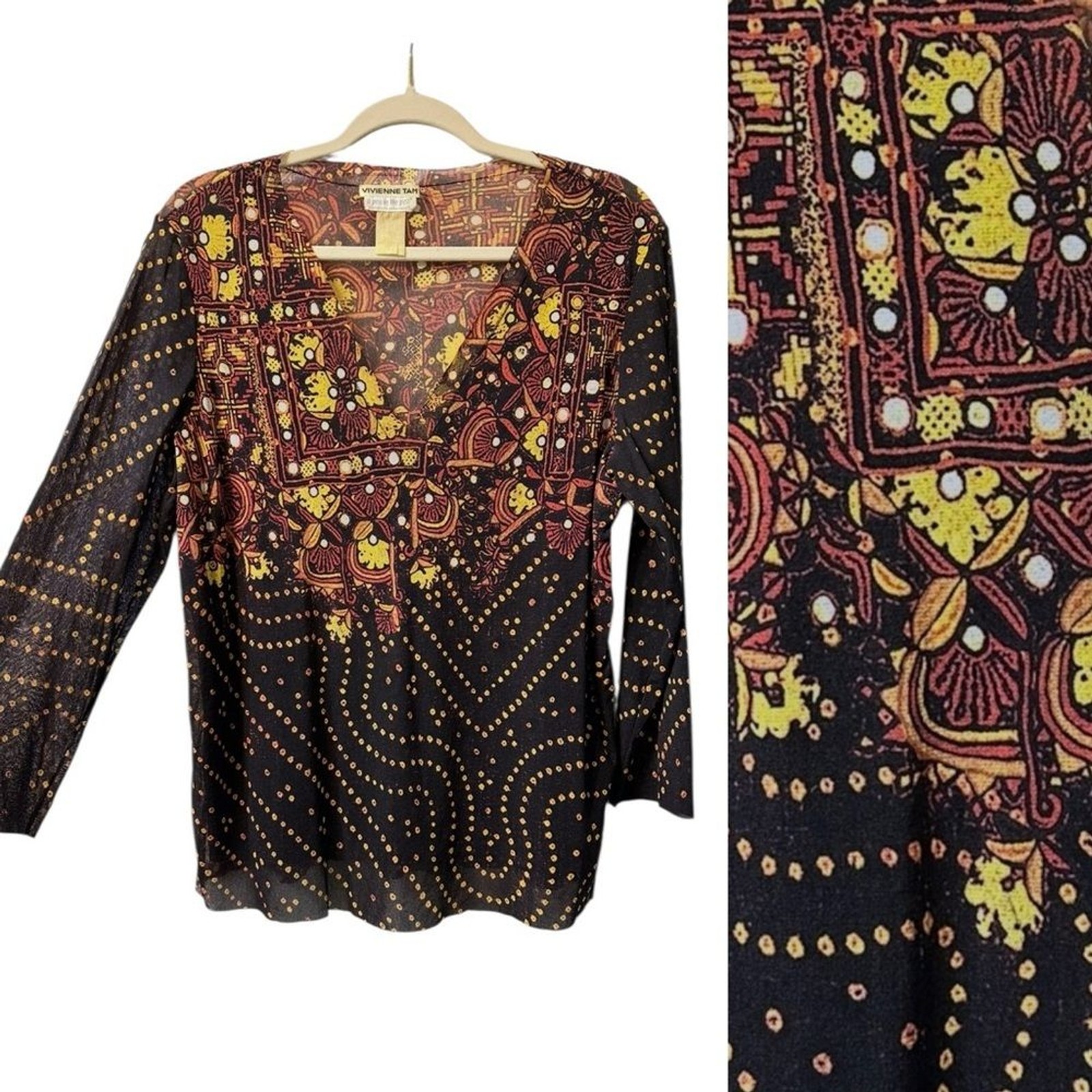 Vivienne Tam Vintage 1990s Black Yellow Floral Boho Print Stretch Mesh Top L XL