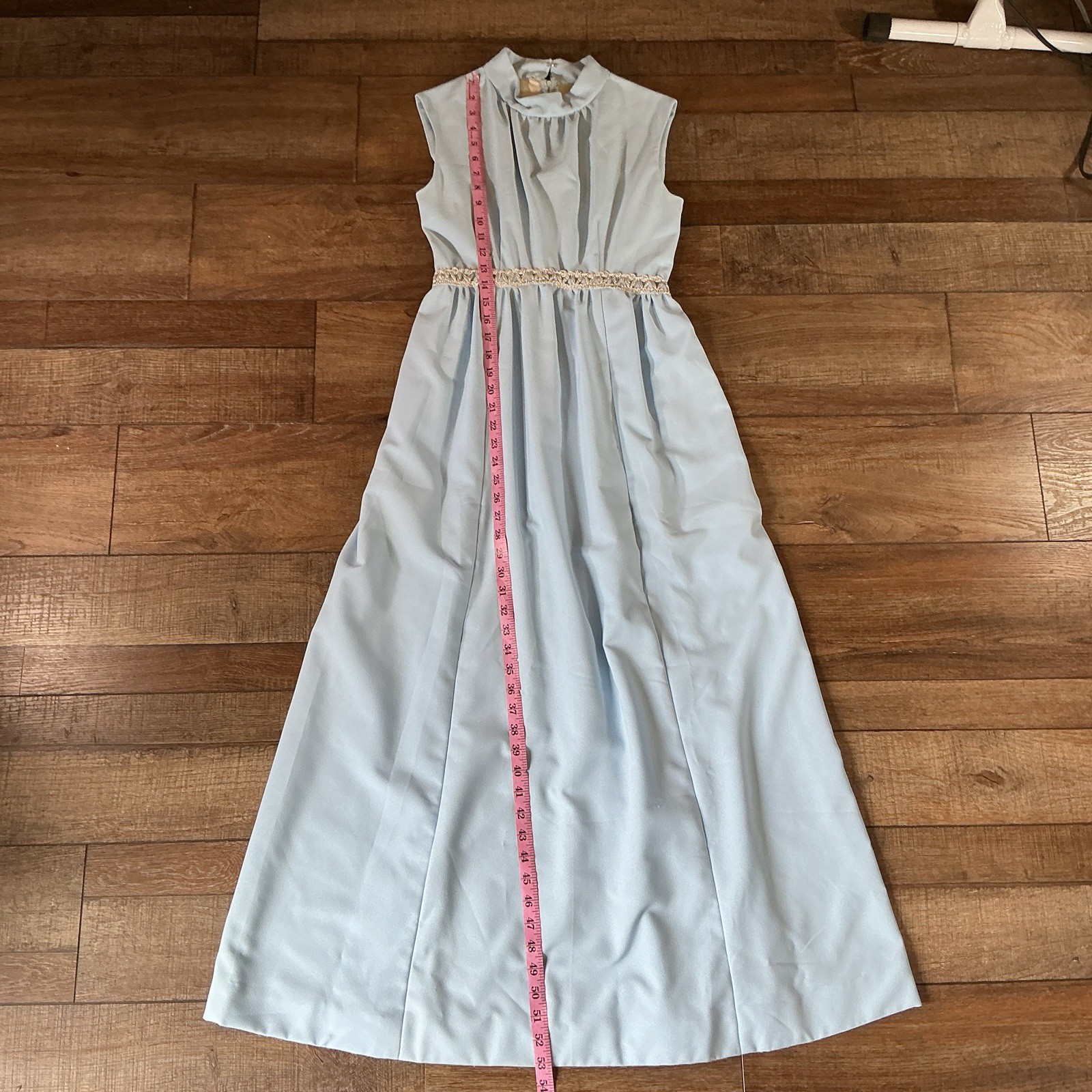 60s 70s VTG Baby Blue Maxi Dress Sz XS/S Empire Waist Lace Trim Formal Gown 34E9