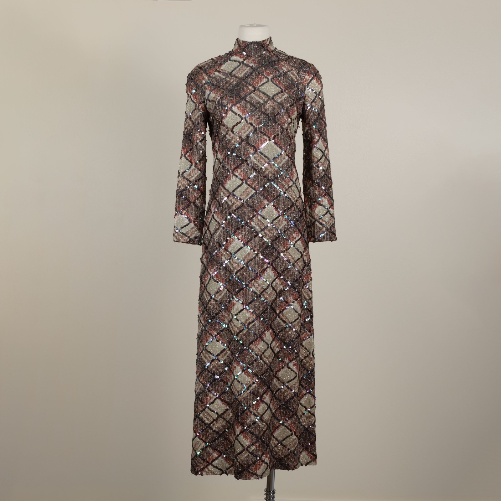 Vintage 70s Metallic Lurex Sequin Maxi Dress Mod Disco Glam Evening Gown