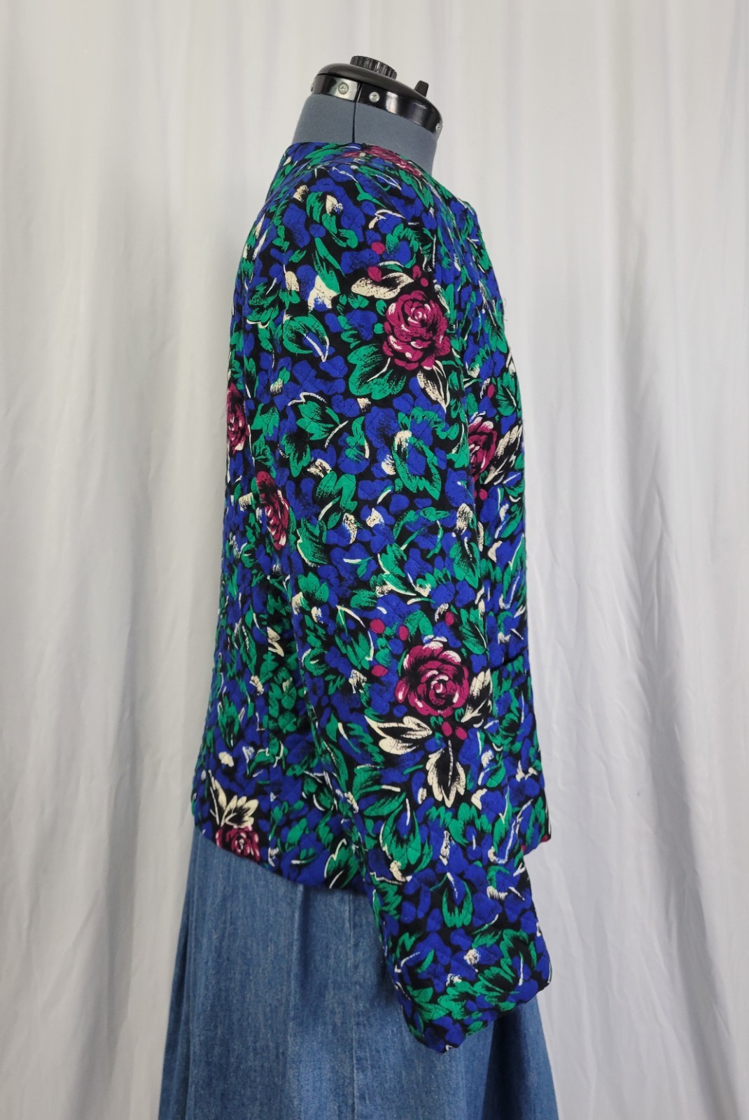 Vtg Stephen Douglas Ltd Blue & Green w Purple Flowers Quilted Jacket Size 14