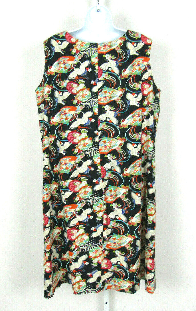 VTG 1960s 70s JAPANESE FLORAL DRESS FANS EGRETS SLEEVELESS ROPE BELT COTTON BLND
