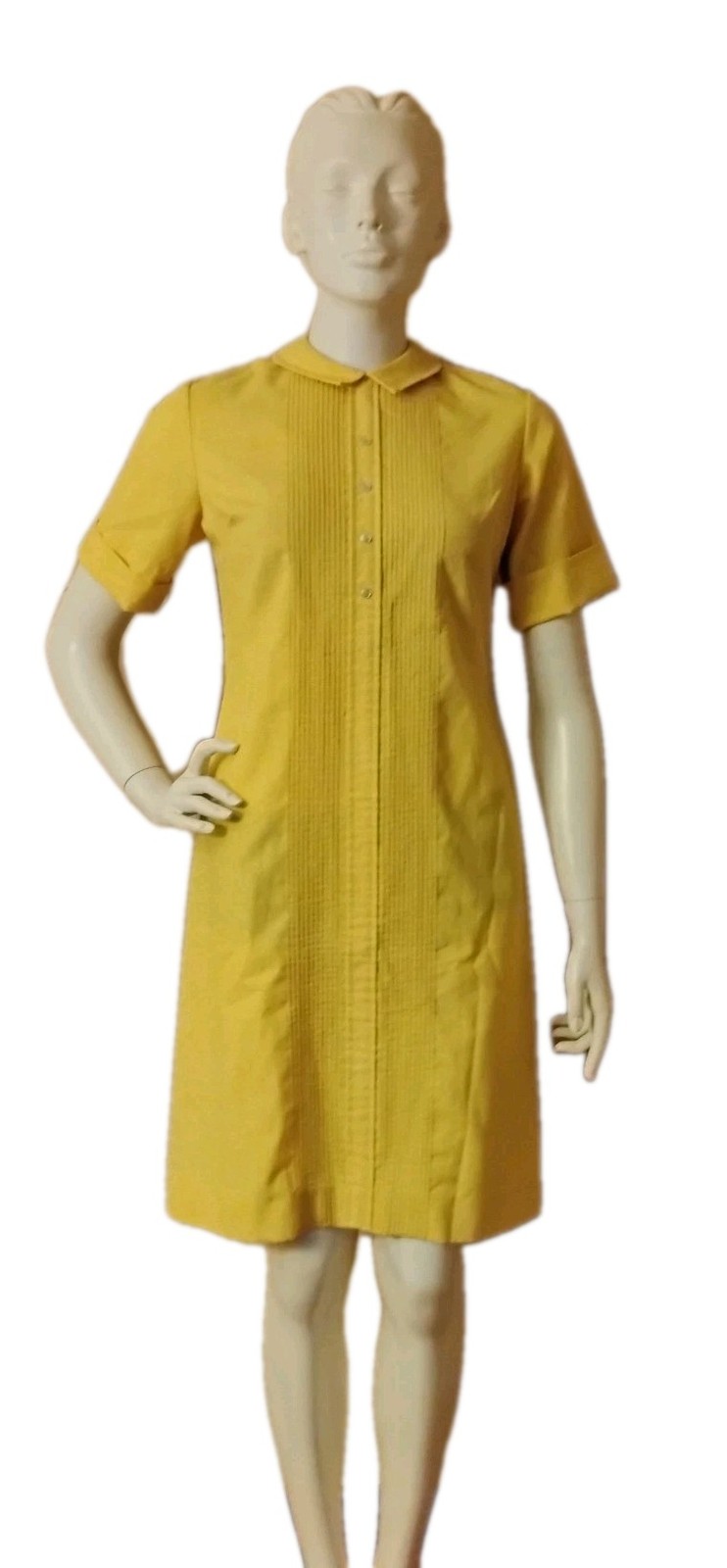 VTG 1970’s „the Art Shirt” Yellow Linen Pleated Ribbed Front Shirt Dress 9-10