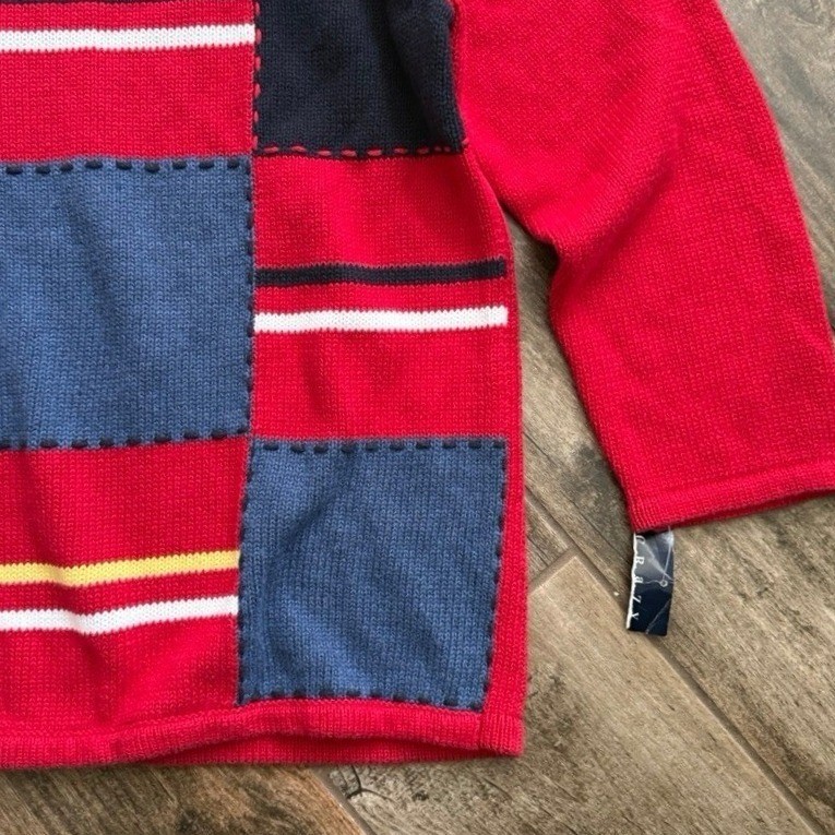 Crazy Horse Vintage Patchwork Crew Neck Knit LS Sweater,Red Blue Navy,2(NWT)
