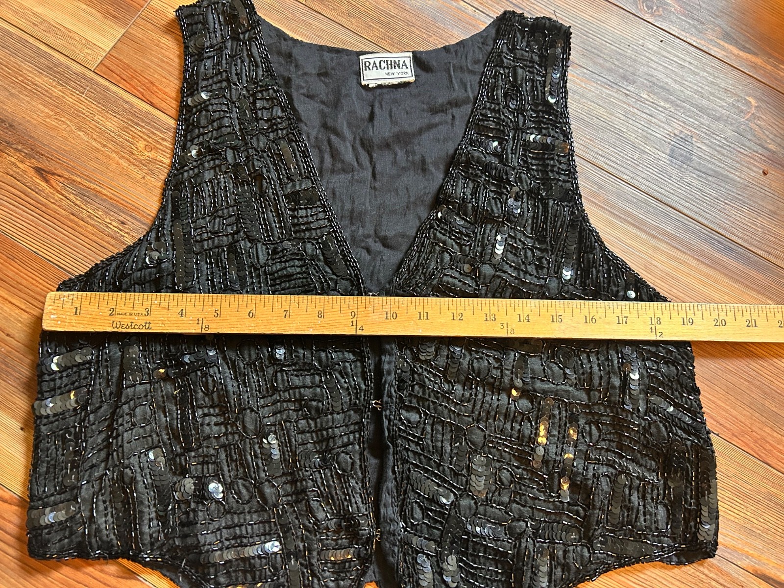 Vintage Crop 80s 90s Y2K Rachna Black Silk Sequined Beaded Vest Small Glam Sexy