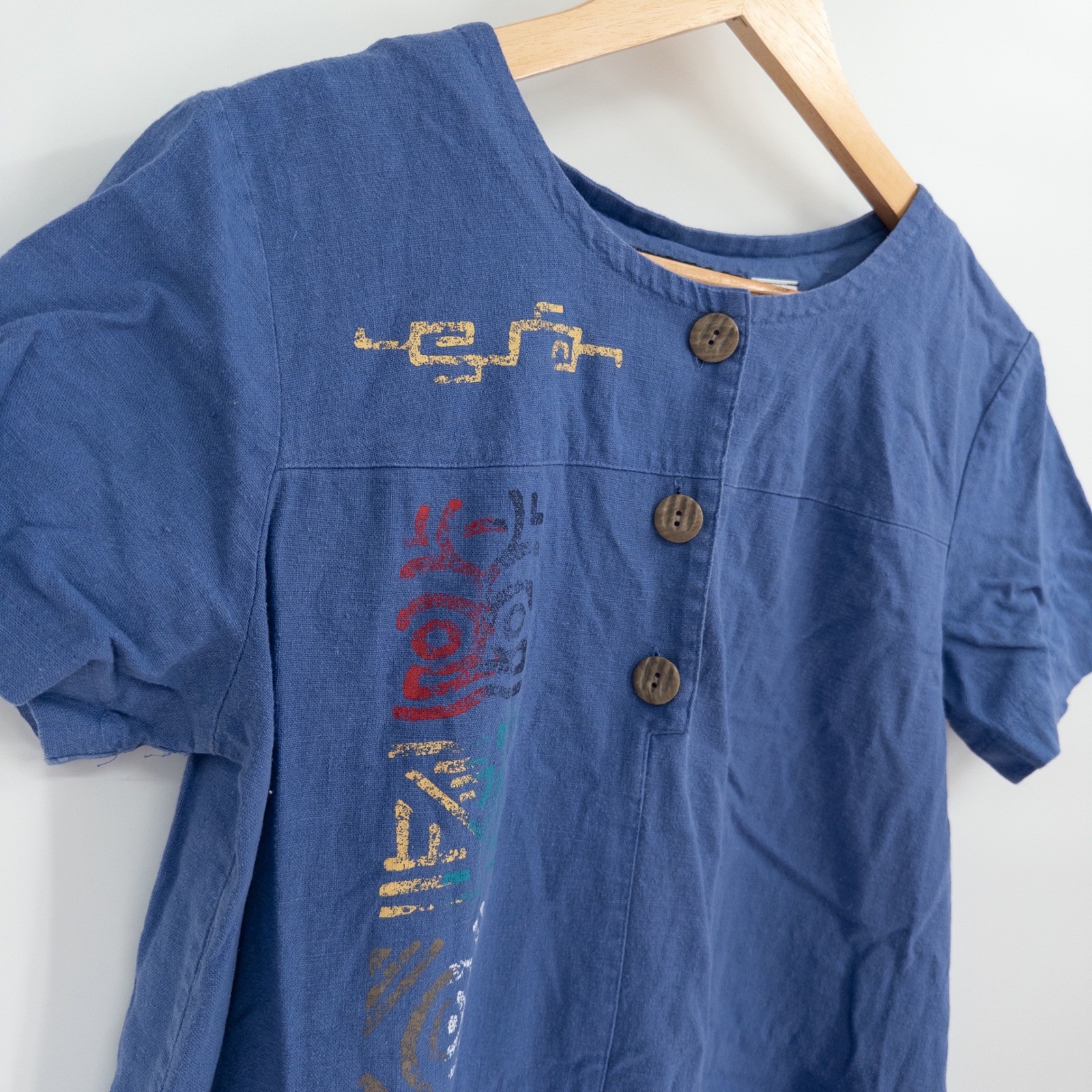 Vintage 90s Henley Dress Womens 8 Blue Linen Blend Boho Art to Wear Southwestern
