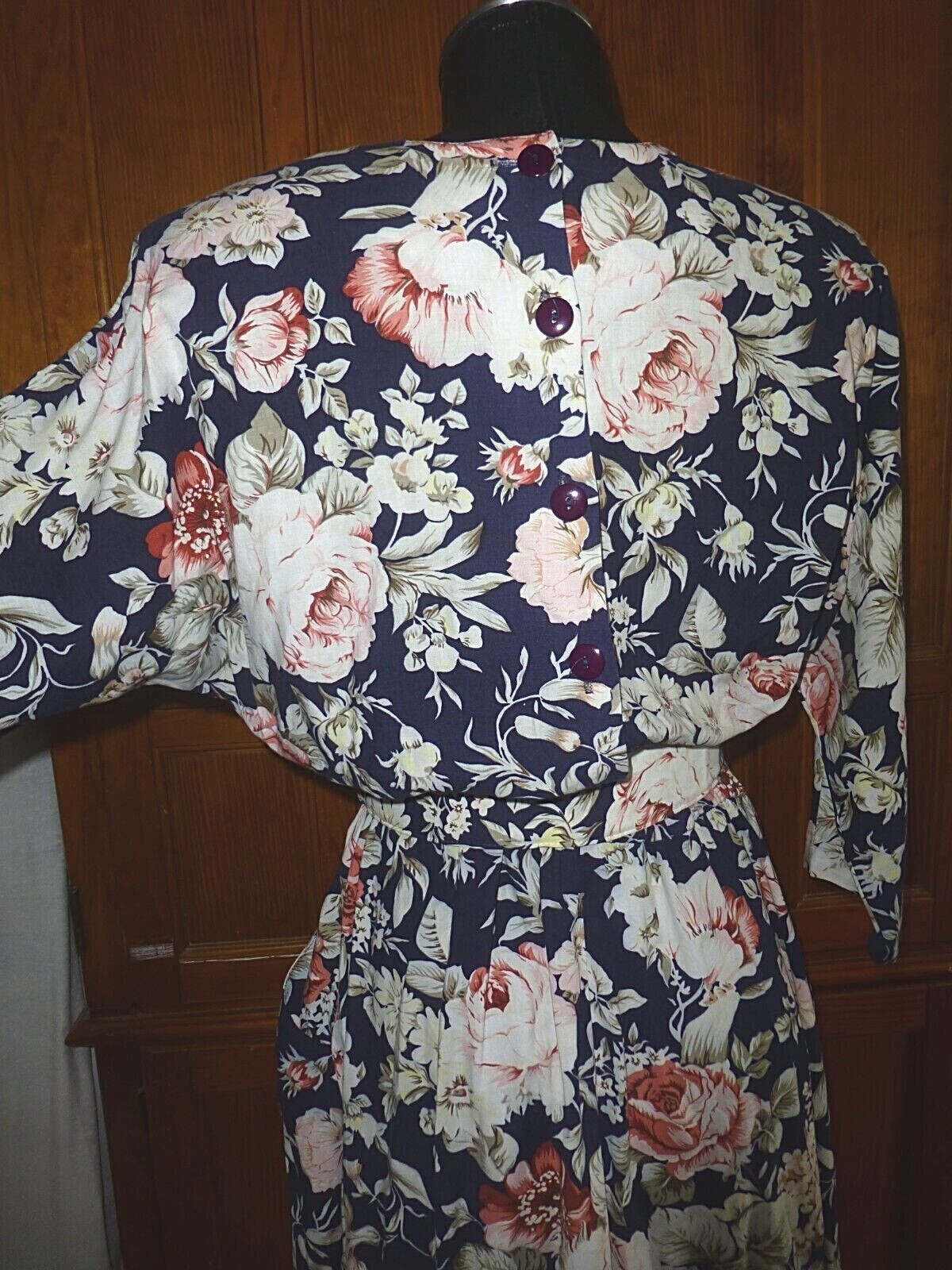 VTG 80s Floral Garden Print Cotton Boho Country Batwing Slv Midi belted DRESS M