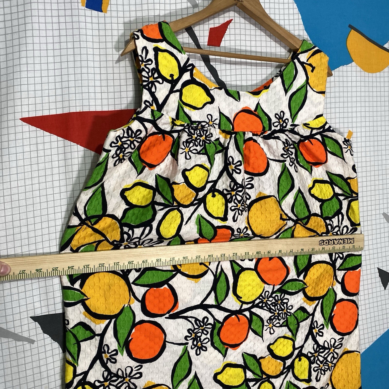 Vintage 60s Fruit Shift Dress Hawaii Mod Gogo Large Cotton Novelty Lemon Orange