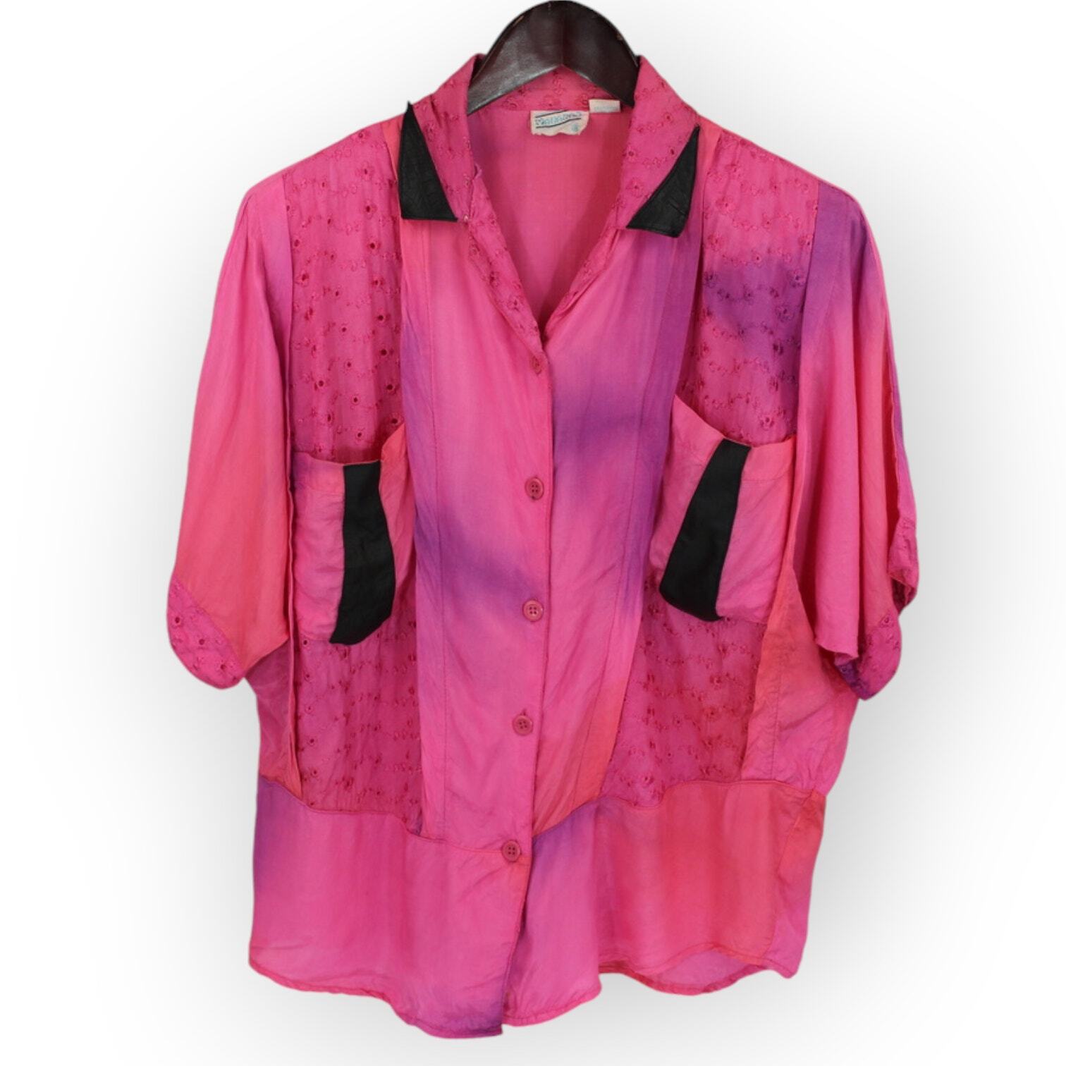Vintage 80s Maharaj Blouse (S) Rayon FauxLeather Embroider Dyed S/S ButtonUp