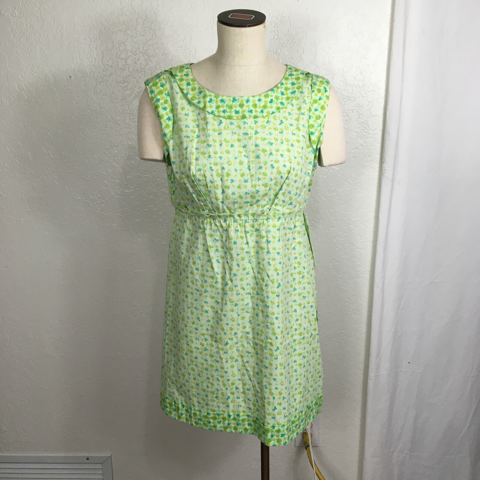 Vintage 1970 Handmade Dress Green Yellow Floral Ribbon Waistband Sleeveless 12