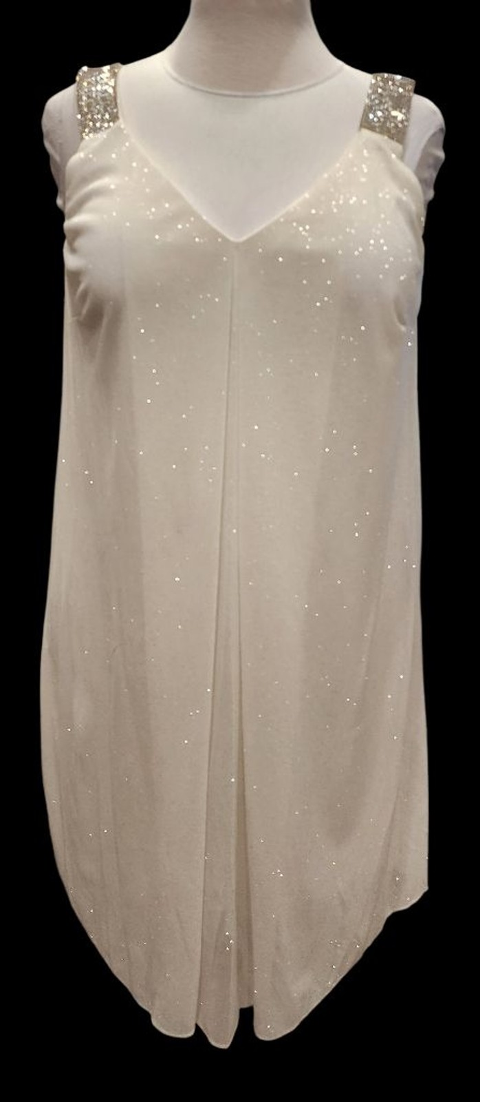 Y2K Vintage JBS Ivory Glitter Party Dress Rhinestone Crystal Shoulders Petite L