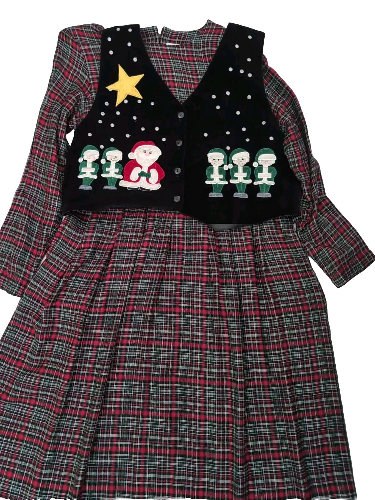 Country Wear Christmas Plaid Vested Long Dress , Vintage Size 12 ,Dry Clean Only