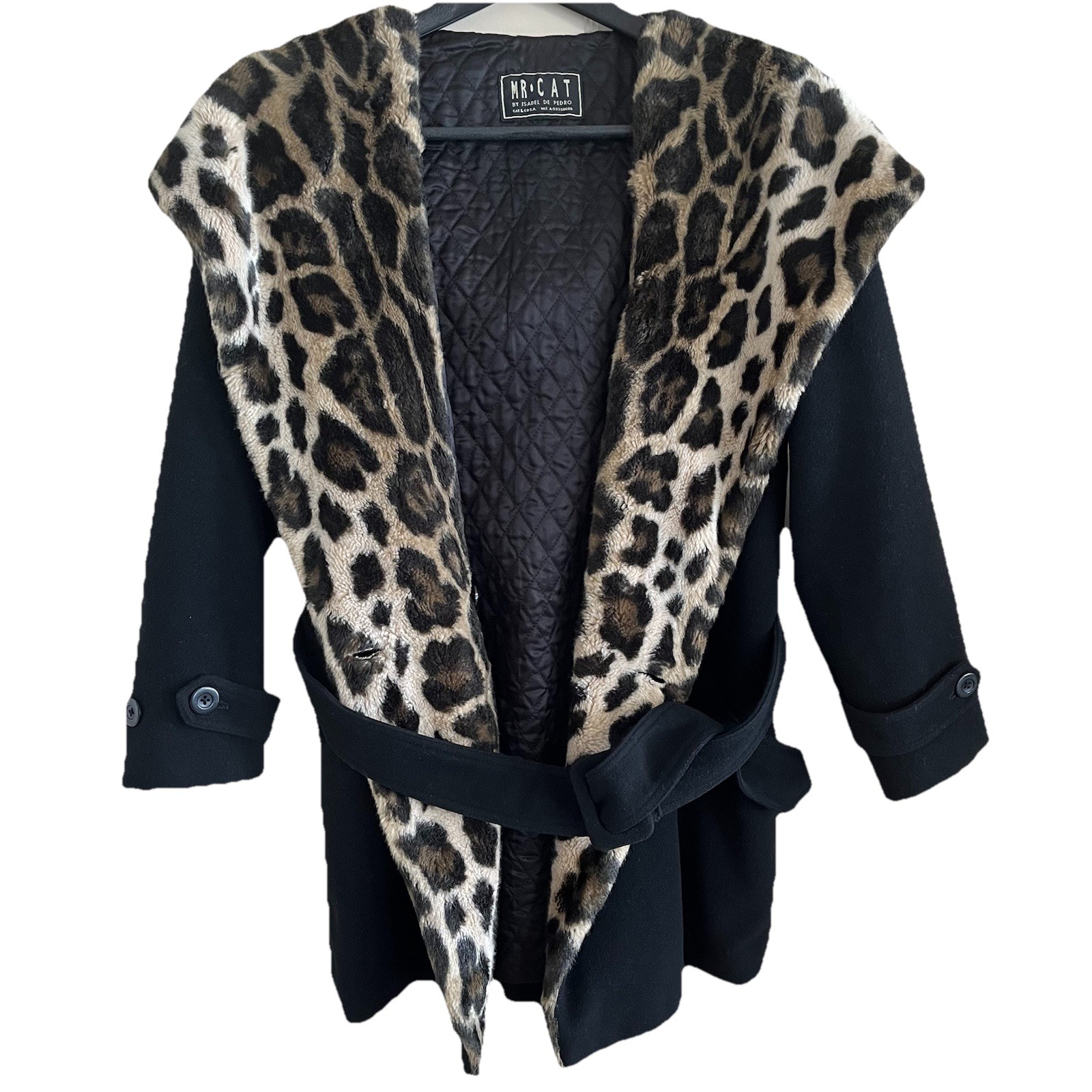 VTG Black Wool Coat S/M Animal Print Fur Hood Old Money Chic Luxury Mr Cat