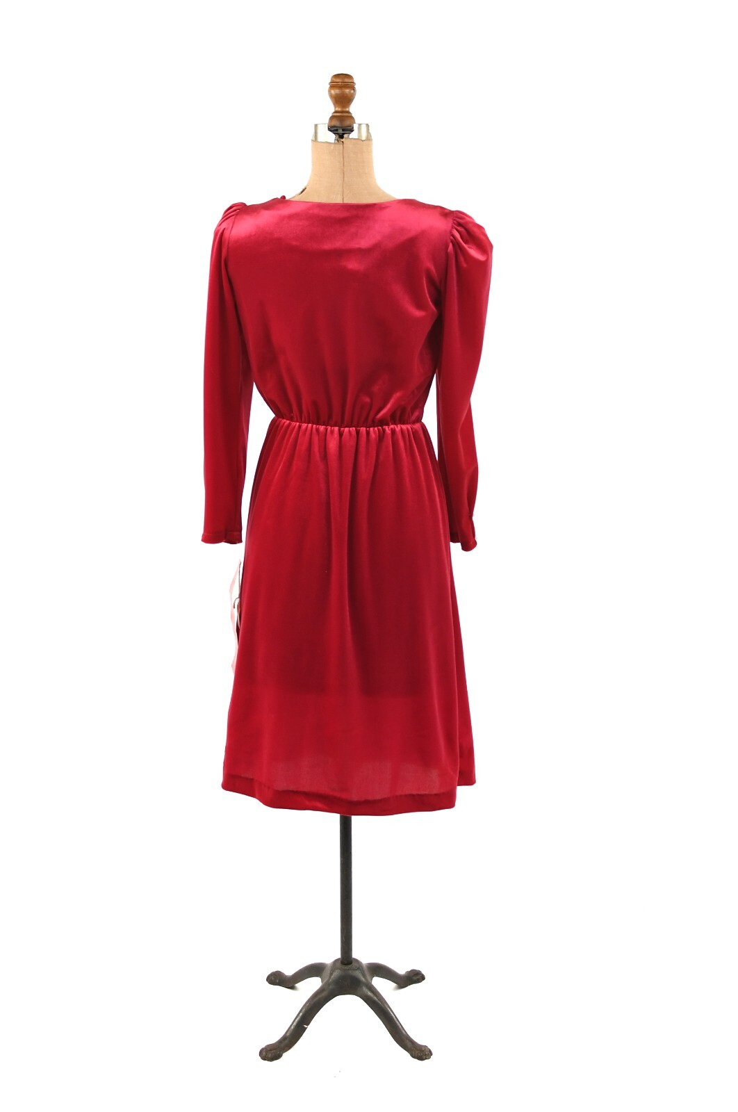 Vintage 70s Dark Pink Velvet Puff Shoulder Long Sleeve Pearl Button Dress S M
