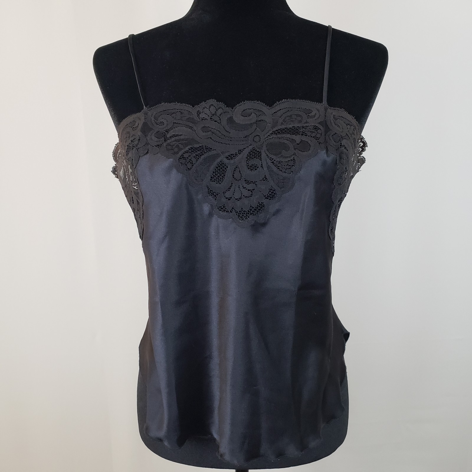 Vintage 80s Camisole M Black Cropped Satin Lace Adjustable Straps Lingerie Vamp