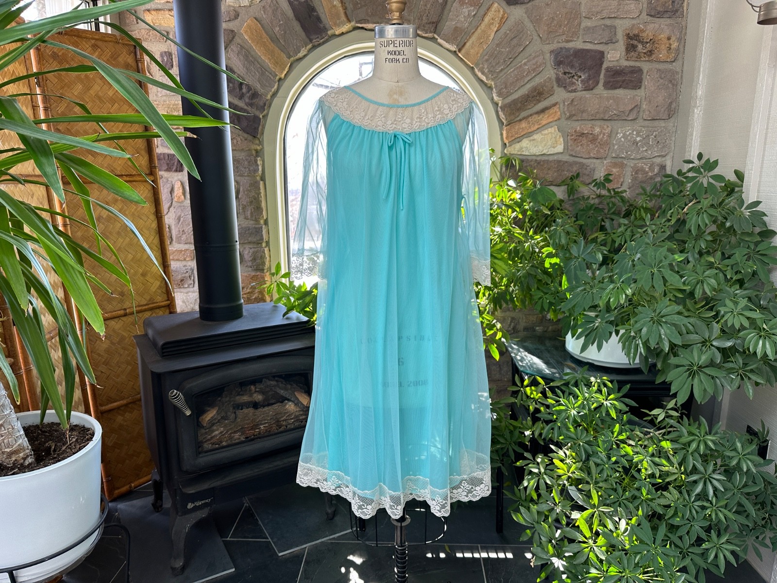 Vintage 1970s Turquoise Blue Nylon and Ivory Lace Nightgown