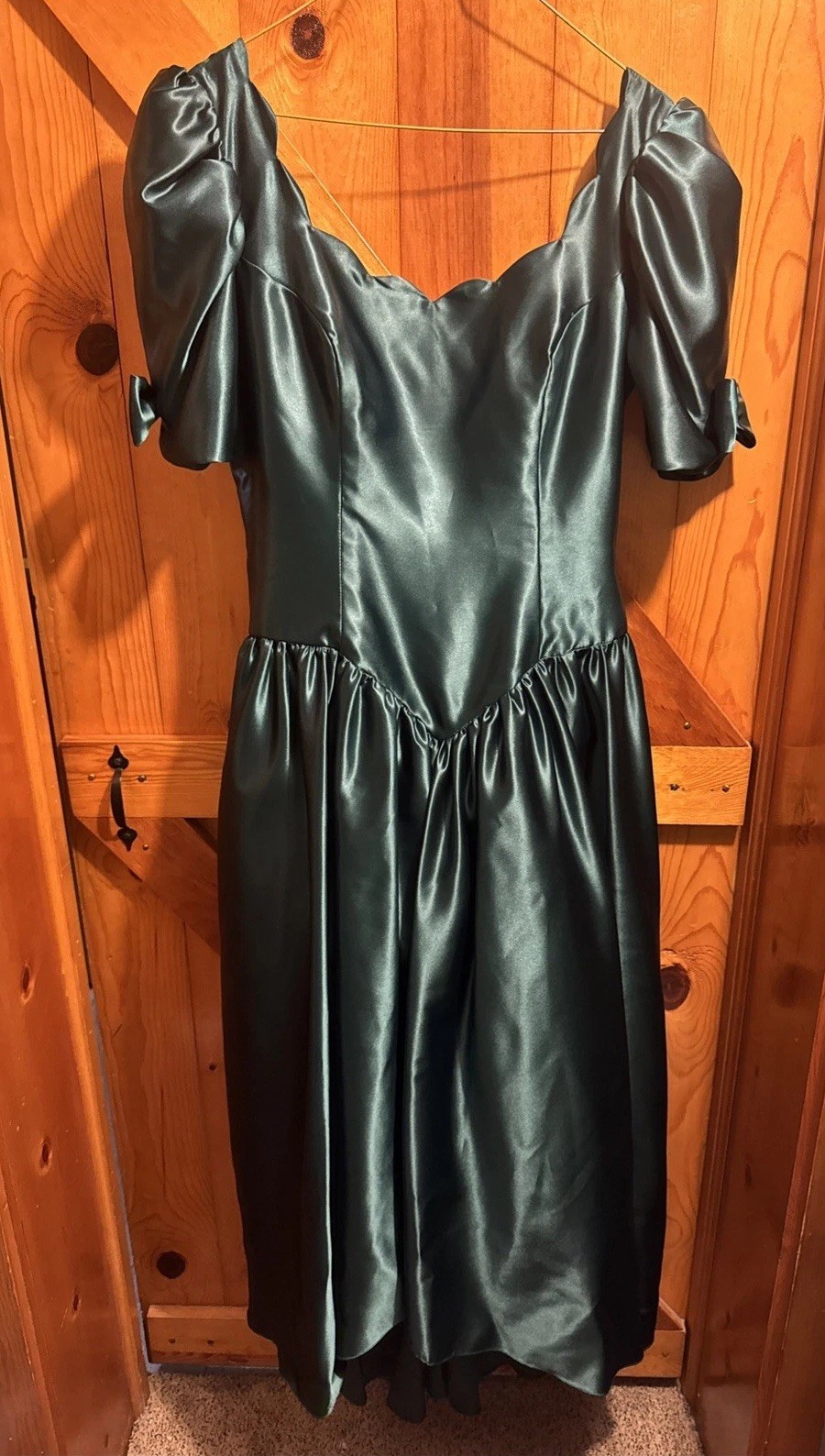 Vintage 1980s 1990s Forest Green Satin Party Dress Prom Bows Cocktail Size 12
