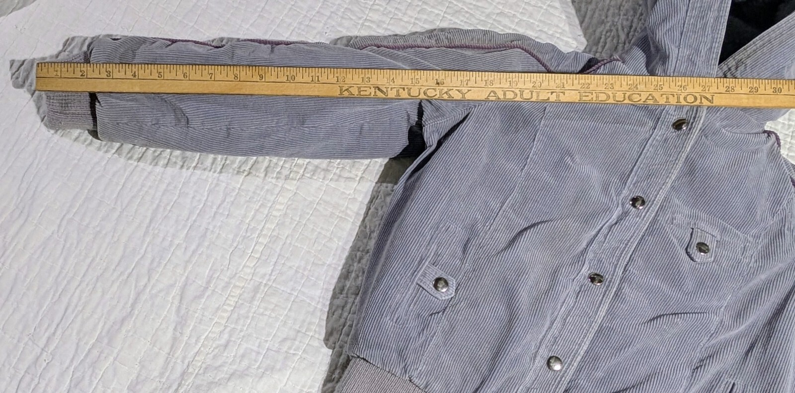 Vintage Mod Maid Coat 60s 70s Women’s SMALL Gray Corduroy Purple Trim Hooded