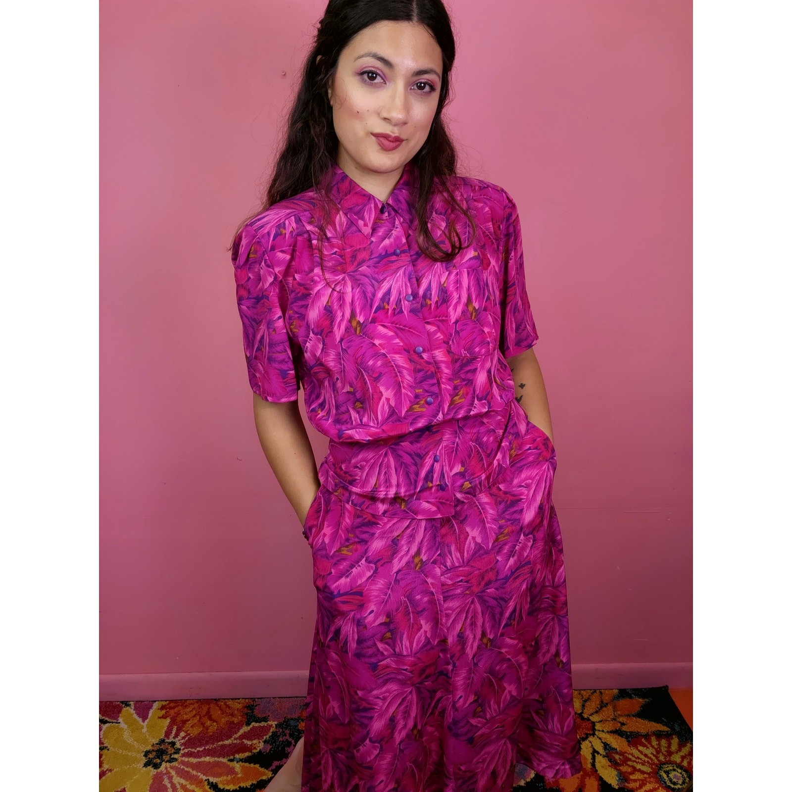 1980’s Fuschia Purple Tropical Leaf Print 2 Piece Peplum Blouse Skirt Suit
