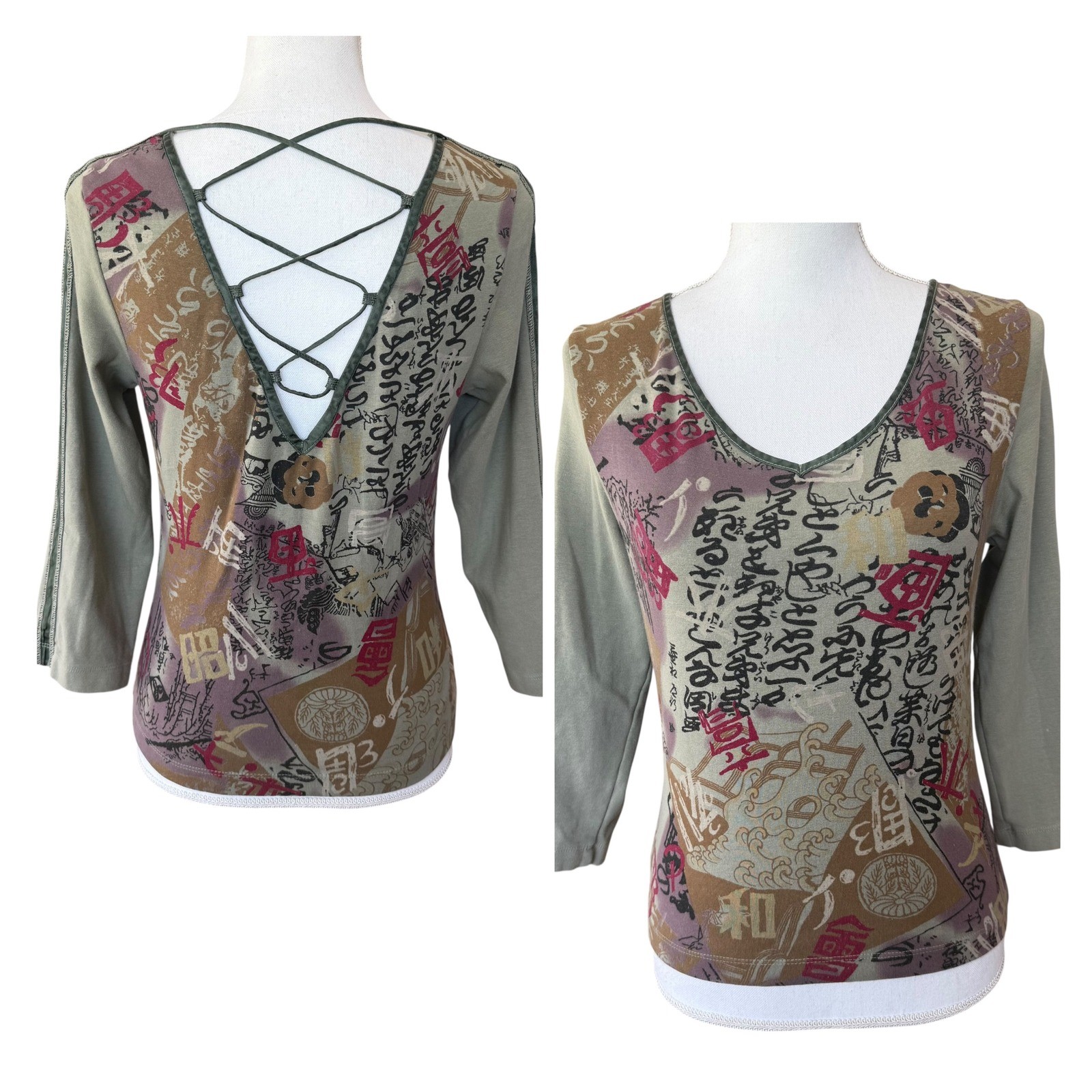 City Lights Vintage Graphic Lace Up Back Top Sage Green Large
