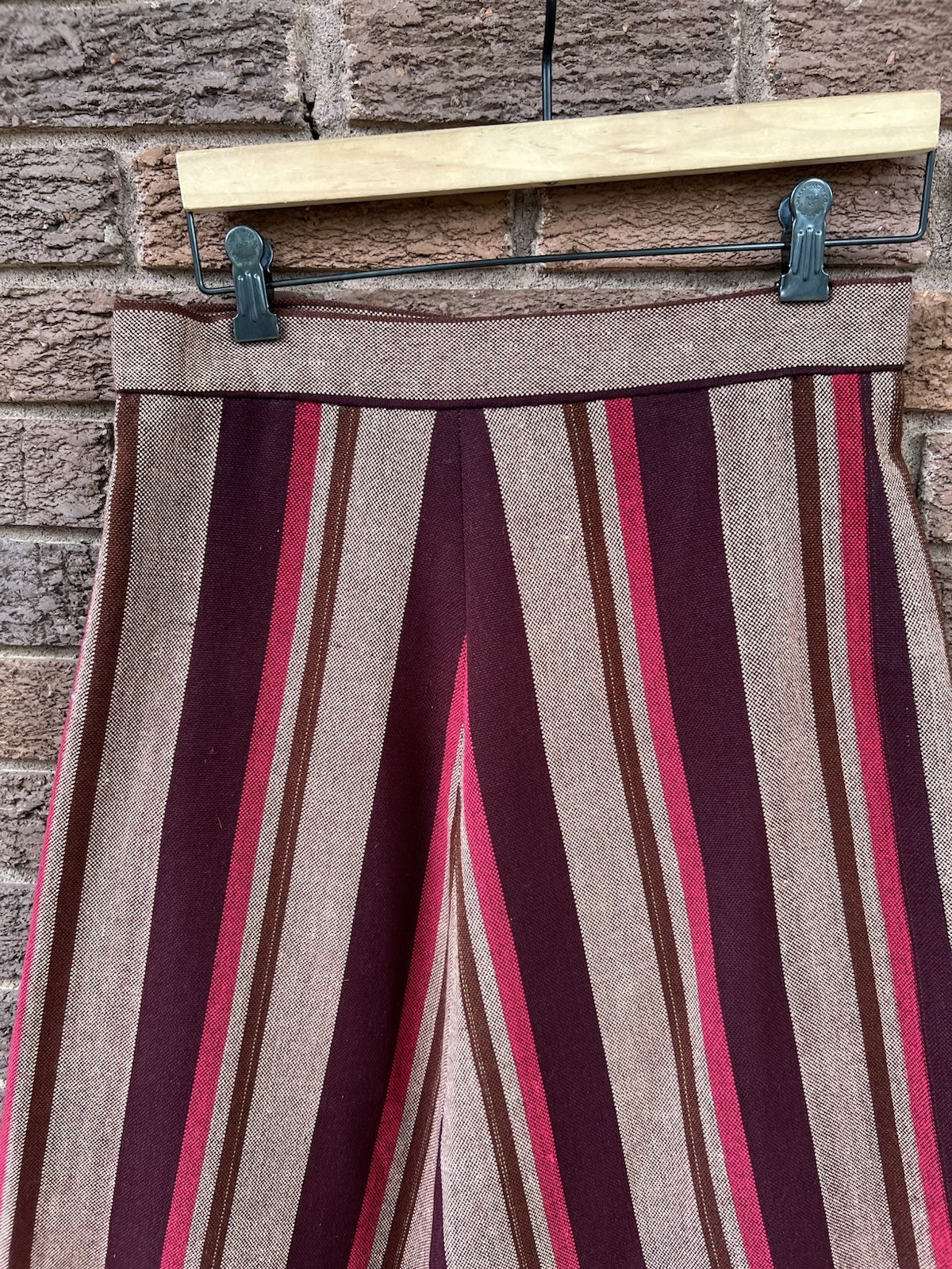Vintage 70s Striped Midi Skirt Burgundy Tan A-Line Mod Retro Hand Made USA. Wool