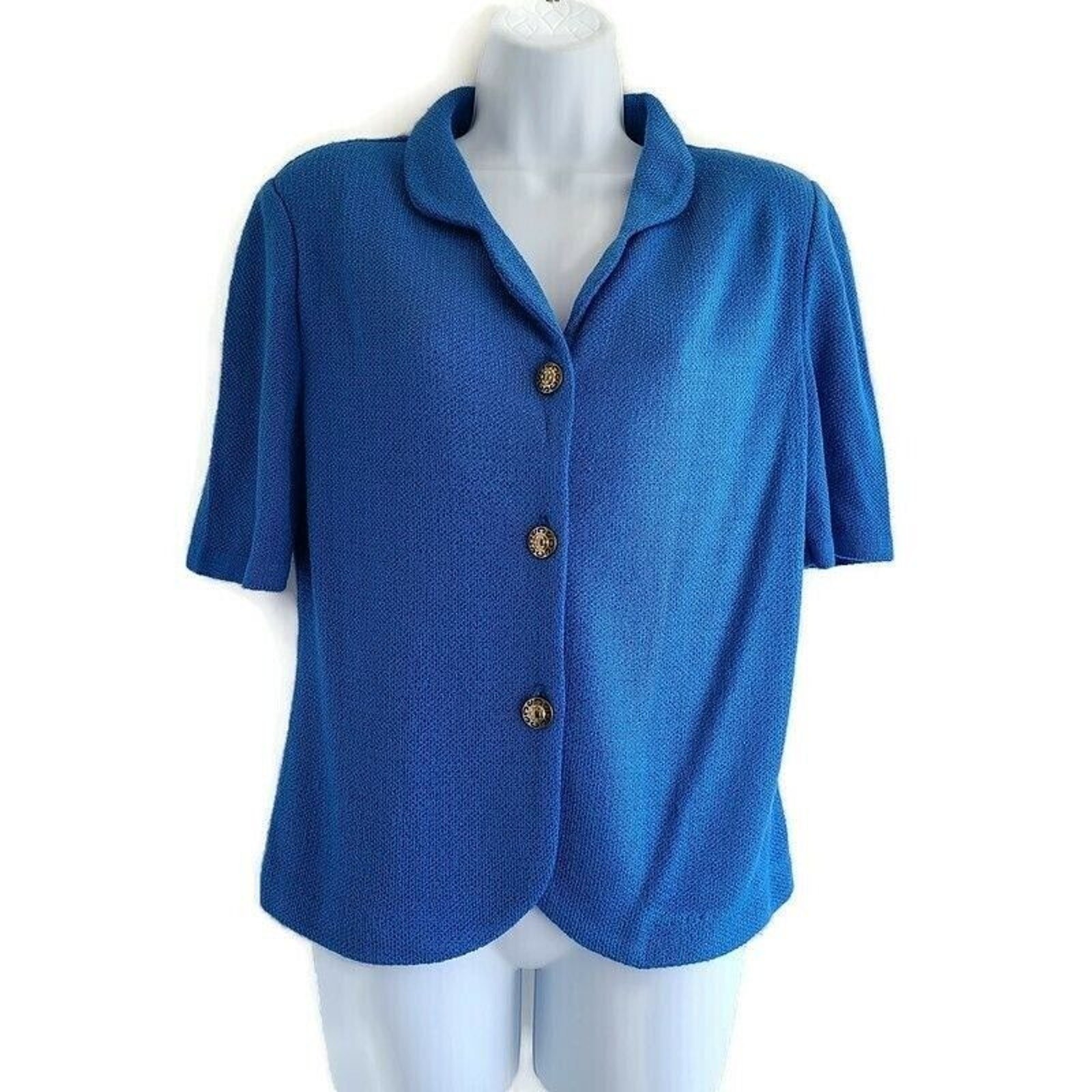 Vintage Santana Knit Button Front Top Tag sz 10 Bright Blue Shirt USA Old Money