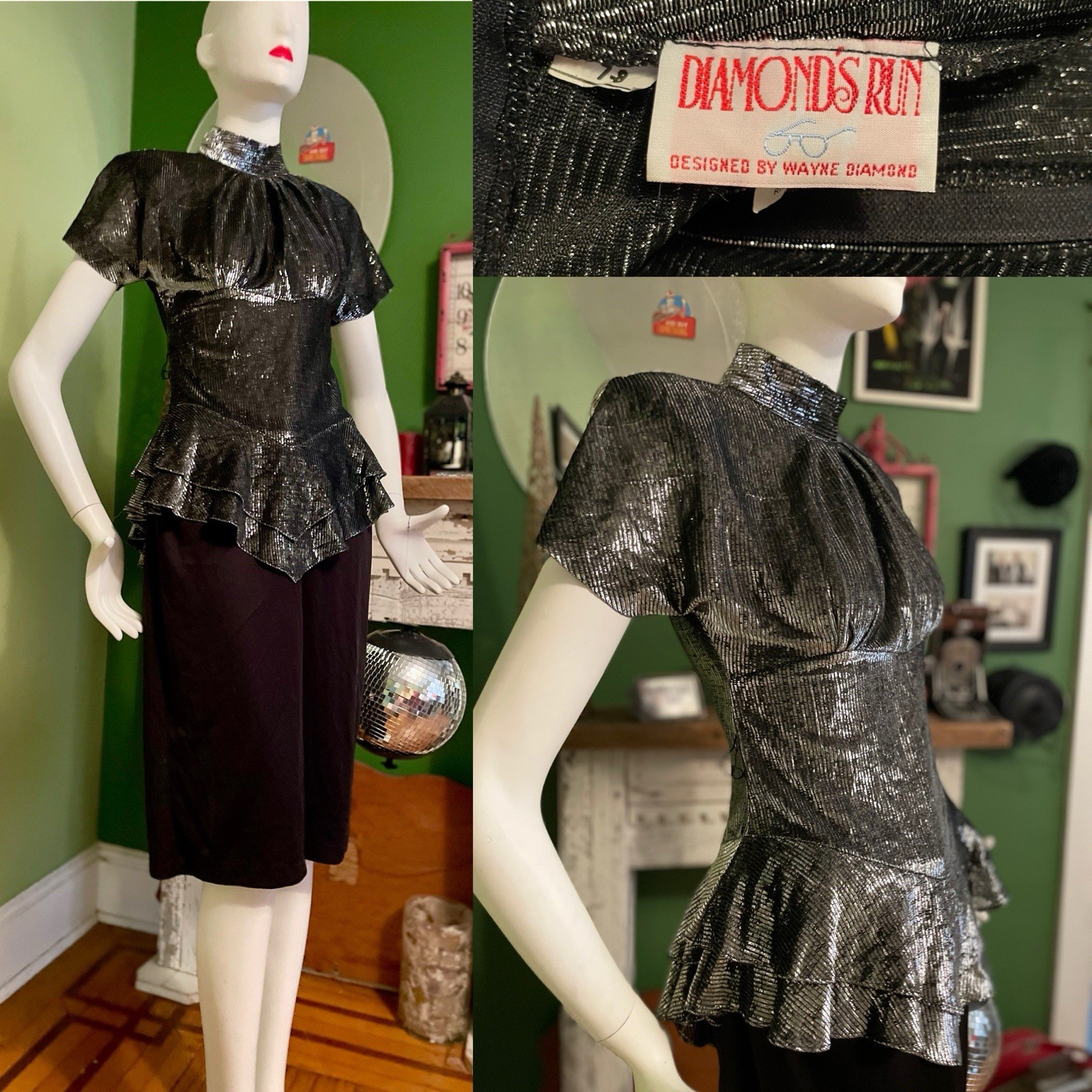 Vtg 70s Milkmaid Drop Waist Sheer Metallic Silver Party Dress 7/8 Disco 36/28