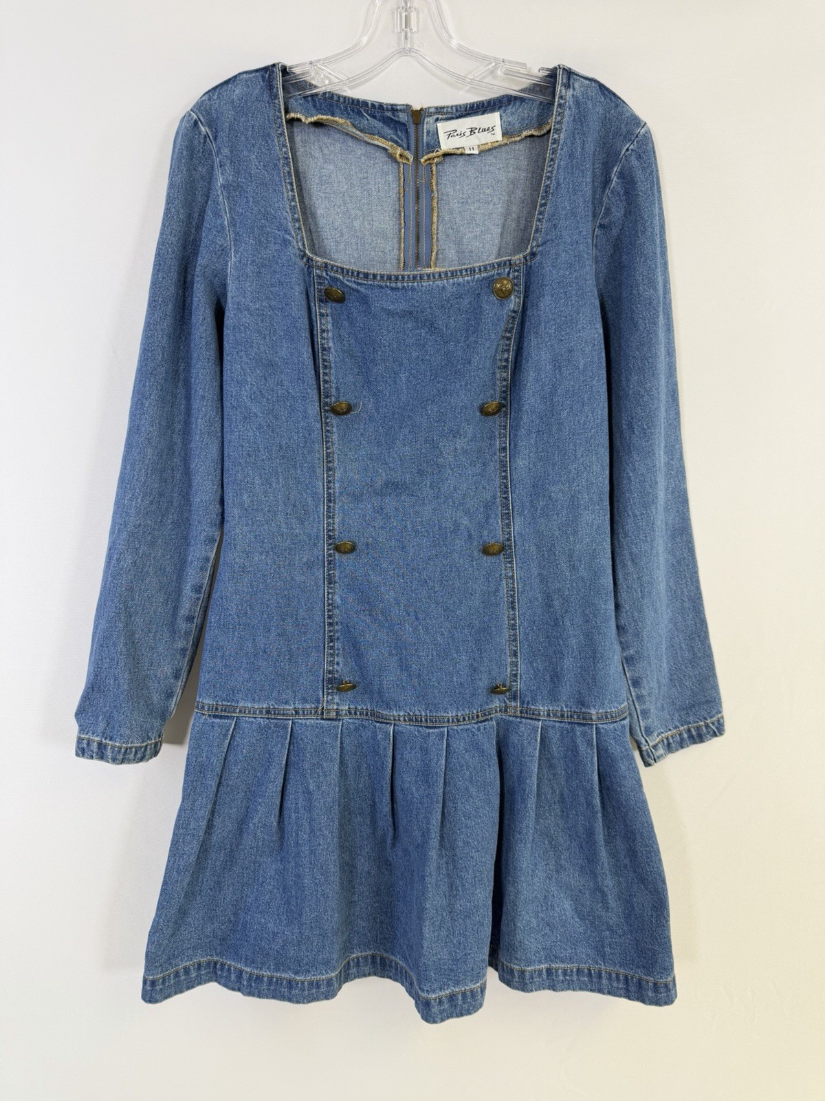 Vtg 90s Paris Blues Denim Dress Pleated Detail Skirt Button Sz 11 USA Grudge