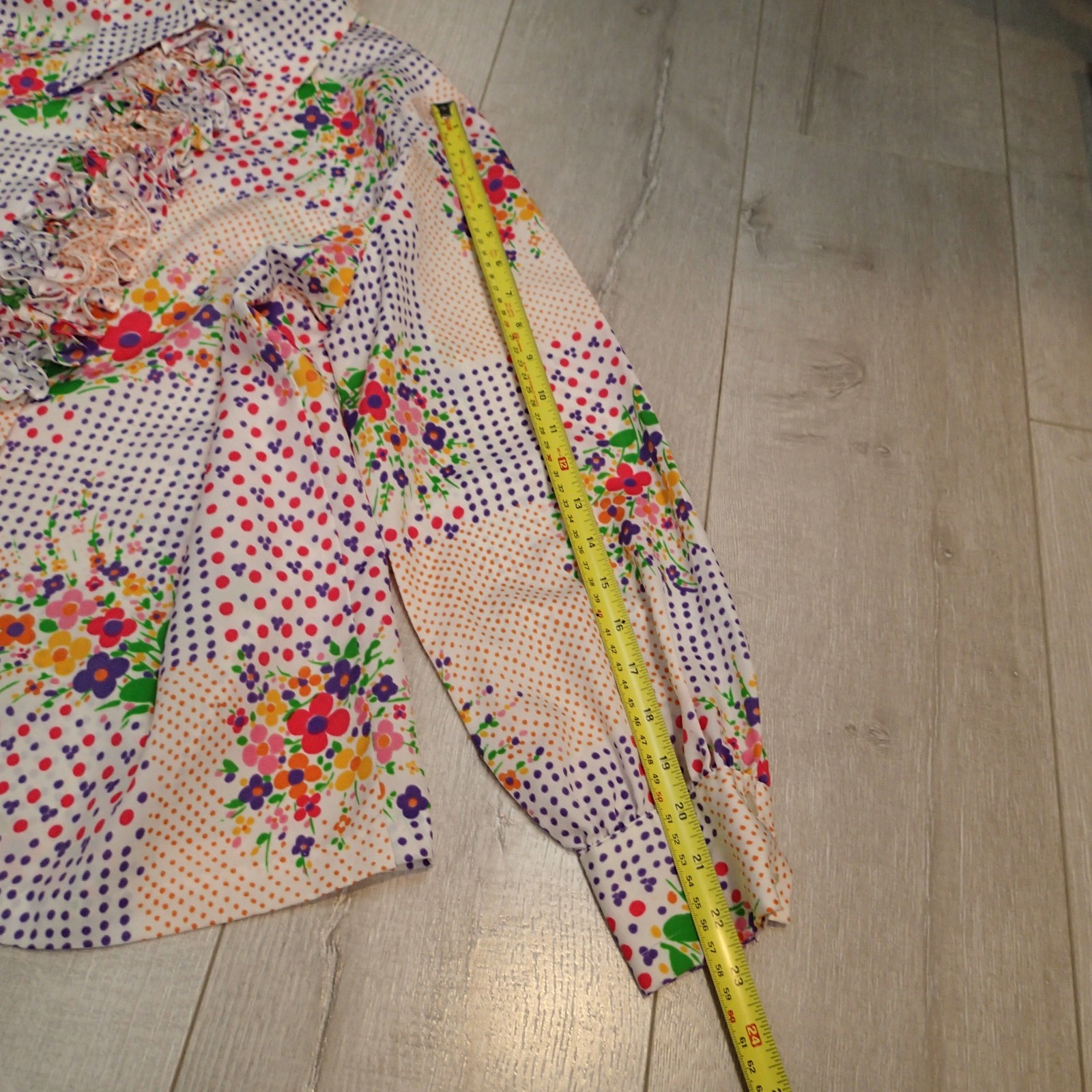 1960’ Button Up Blouse .vtg floral Terry Chicago Brand ruffle shirt top sz L?