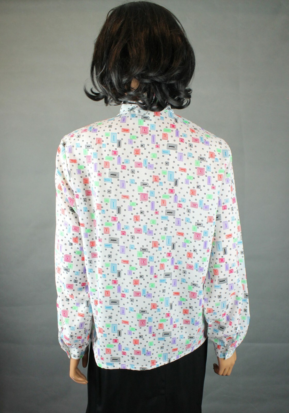 Pussy Bow Blouse Sz L Vintage 80s Funky White Geometric Long Sleeve Dress Shirt