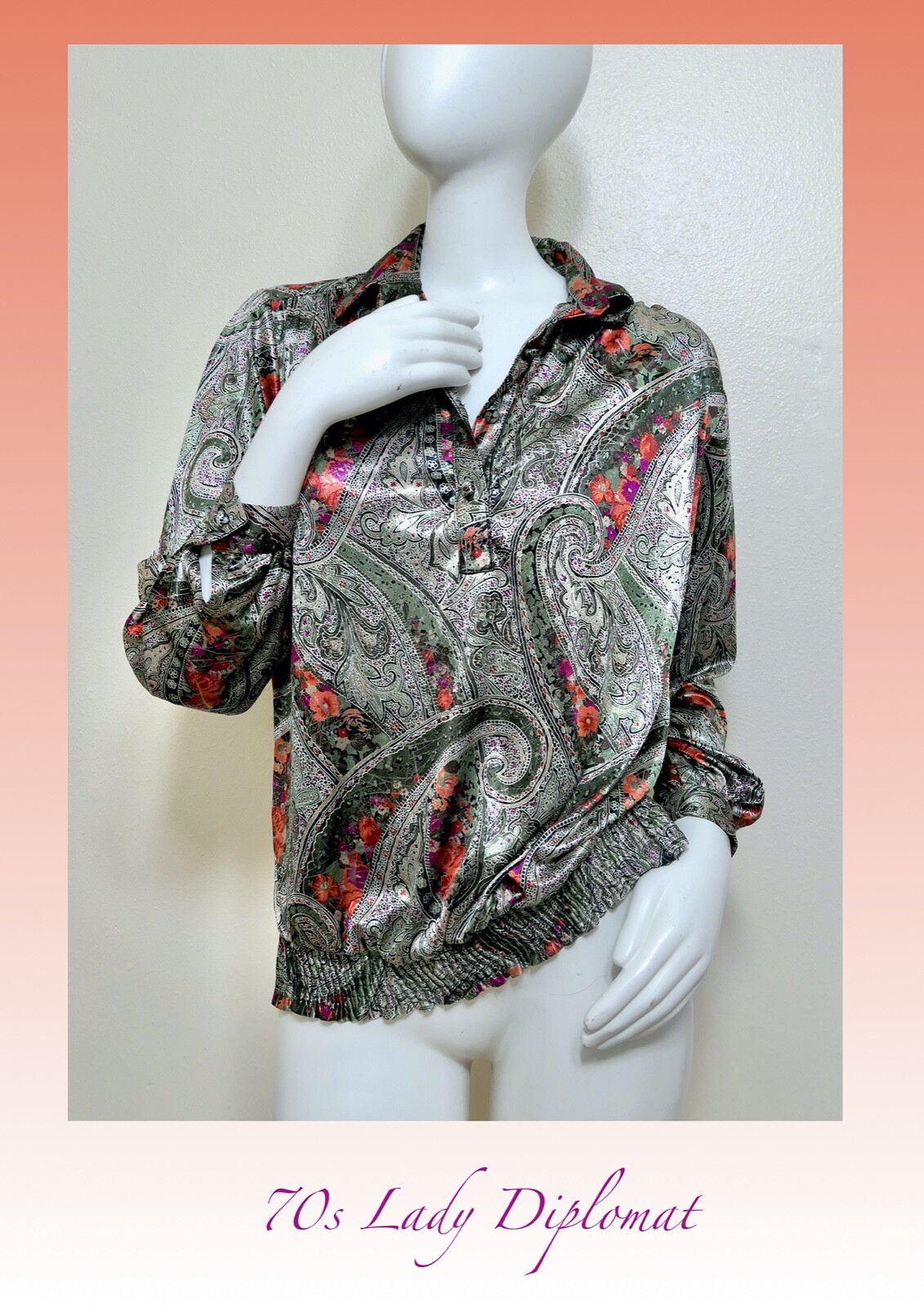 Vintage 70s Shimmer Metallic Henley Top Blouse Mid Century Lady Diplomat L XL