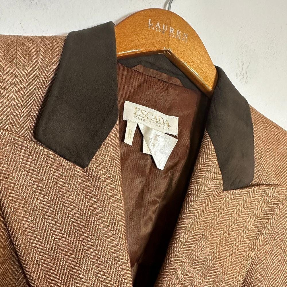 Escada Cashmere Silk Brown Herringbone Blazer Gold Button Suede Vintage Sz 34 S