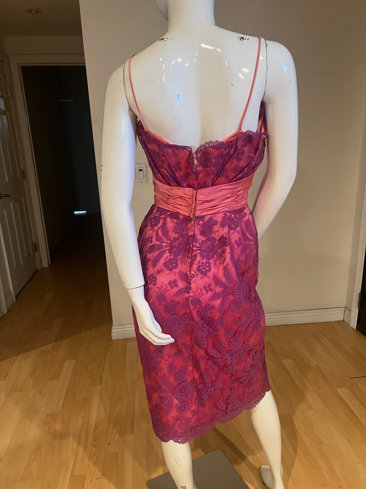 50’S VINTAGE CEIL CHAPMAN LACE TAFFETA RUCHED WAIST DRESS SIZE 4-6