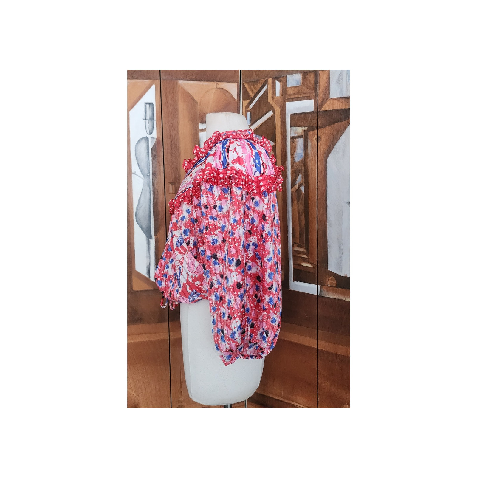 Vintage 80s Diane Freis Blouse Bold Print Poly Georgette Ruffles Pink Red