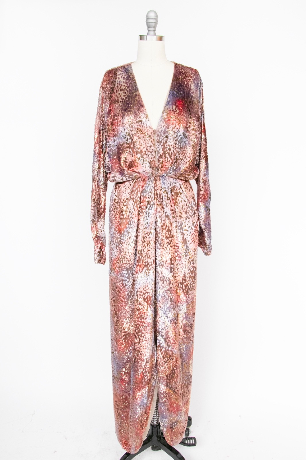 1970s Dress Silk Velvet Burnout Semi-Sheer Maxi Gown Jill Richards