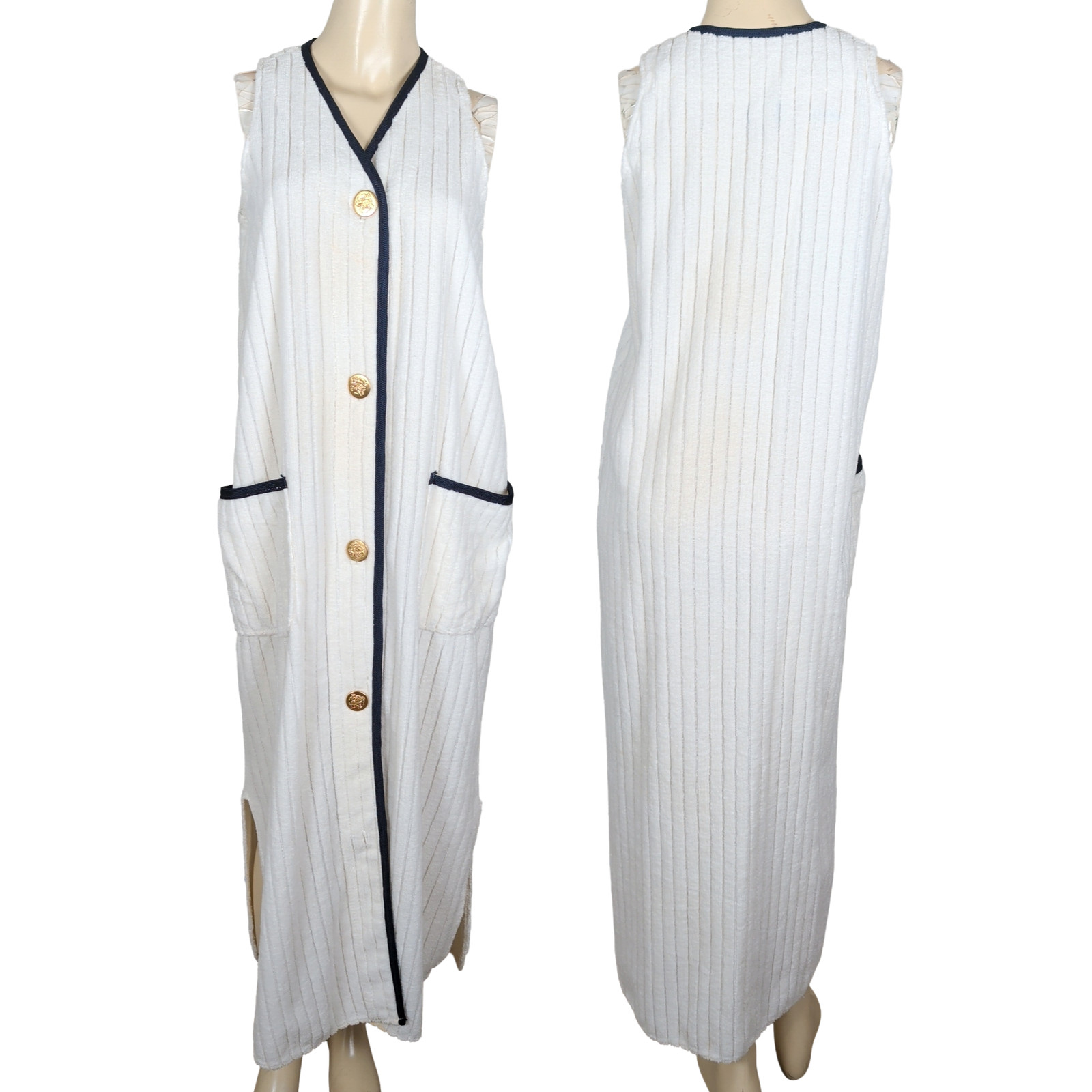 Vintage Dotti 90s Size S Dress Terry Cloth Cover Up Nautical Gold Buttons USA