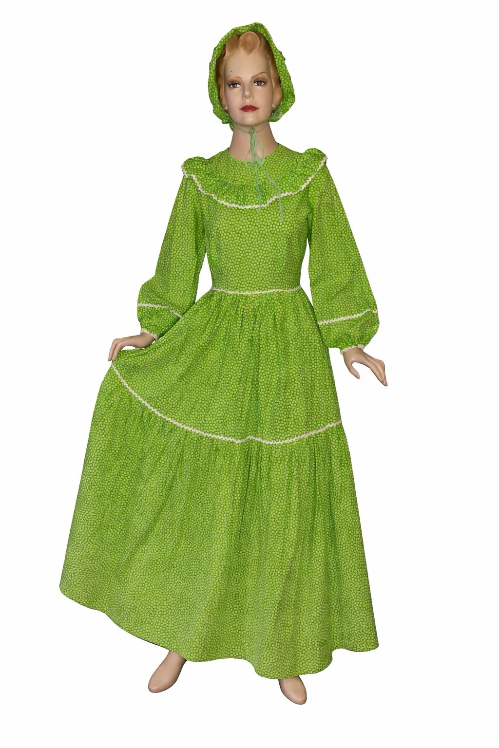 Vintage 70s Green Prarie Maxi Dress Calico Cotton Floral Cottagecore Bonnet L